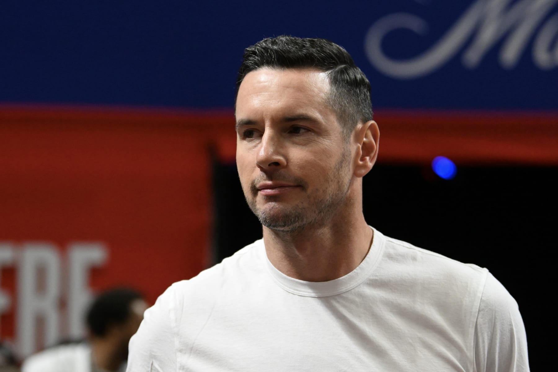 LAS VEGAS, NEVADA - JULY 17: Head coach JJ Redick of the Los Angeles Lakers looks on after the Laker defeated the Atlanta Hawks 87-86 in a 2024 NBA Summer League game at the Thomas & Mack Center on July 17, 2024 in Las Vegas, Nevada. NOTE TO USER: User expressly acknowledges and agrees that, by downloading and or using this photograph, User is consenting to the terms and conditions of the Getty Images License Agreement. (Photo by Candice Ward/Getty Images)