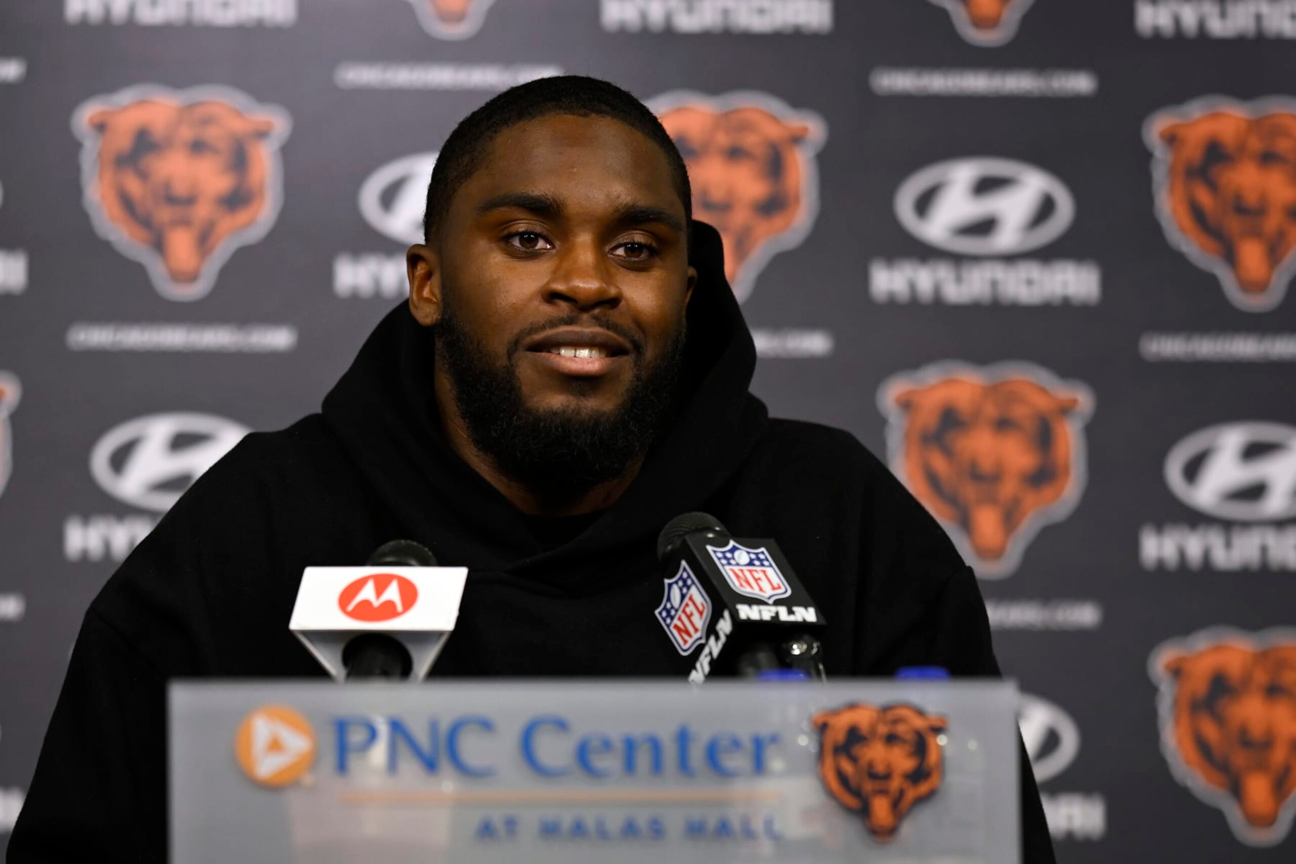 LAKE FOREST, ILLINOIS - JUNE 05: Jaylon Johnson of the Chicago Bears talks during a news conference after the Chicago Bears mandatory minicamp at Halas Hall on June 05, 2024 in Lake Forest, Illinois. (Photo by Quinn Harris/Getty Images)