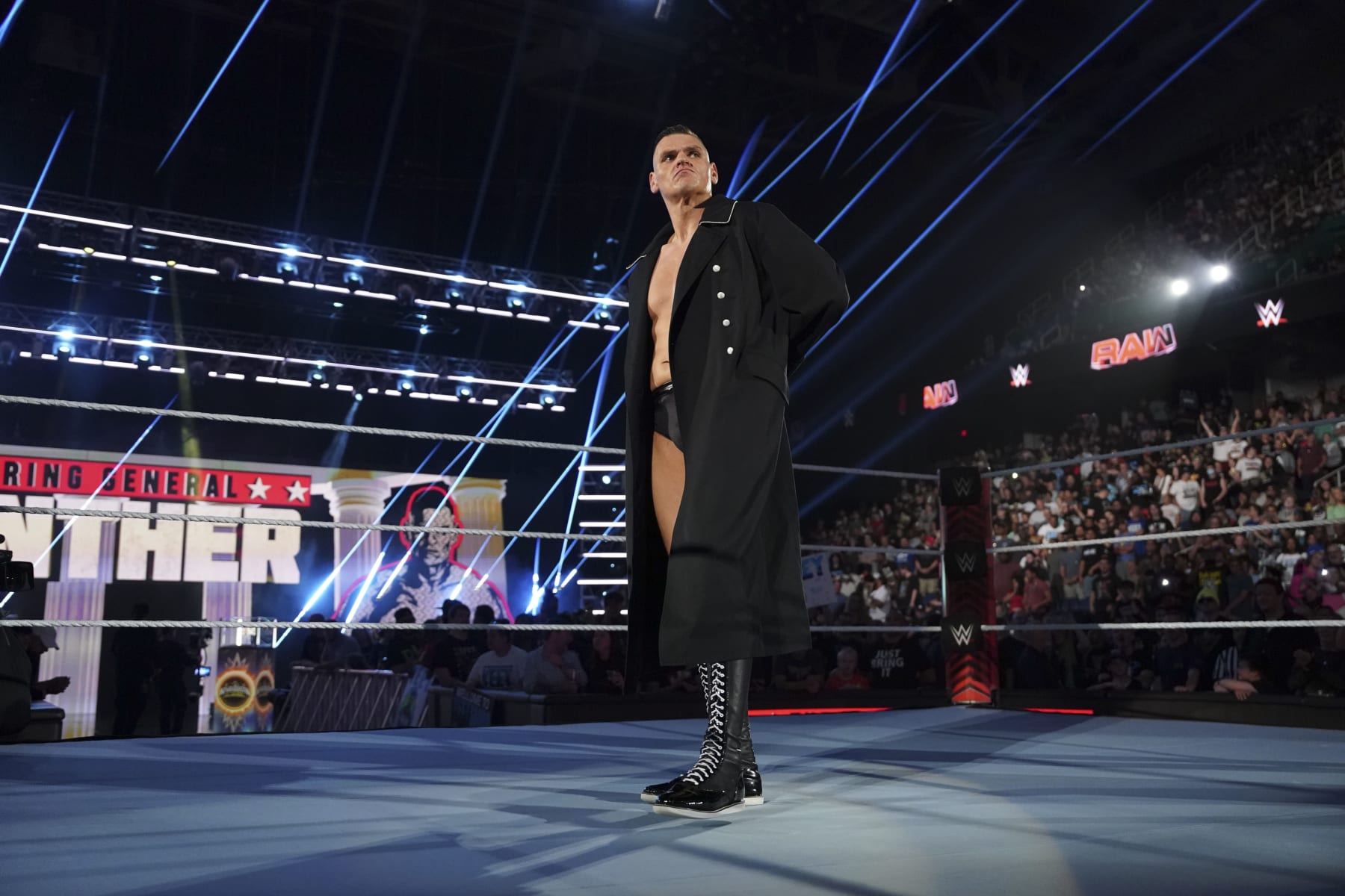GREENSBORO, NORTH CAROLINA - MAY 20: GUNTHER enters the arena during Monday Night Raw at Greensboro Coliseum Complex on May 20, 2024 in Greensboro, North Carolina.  (Photo by WWE/Getty Images)