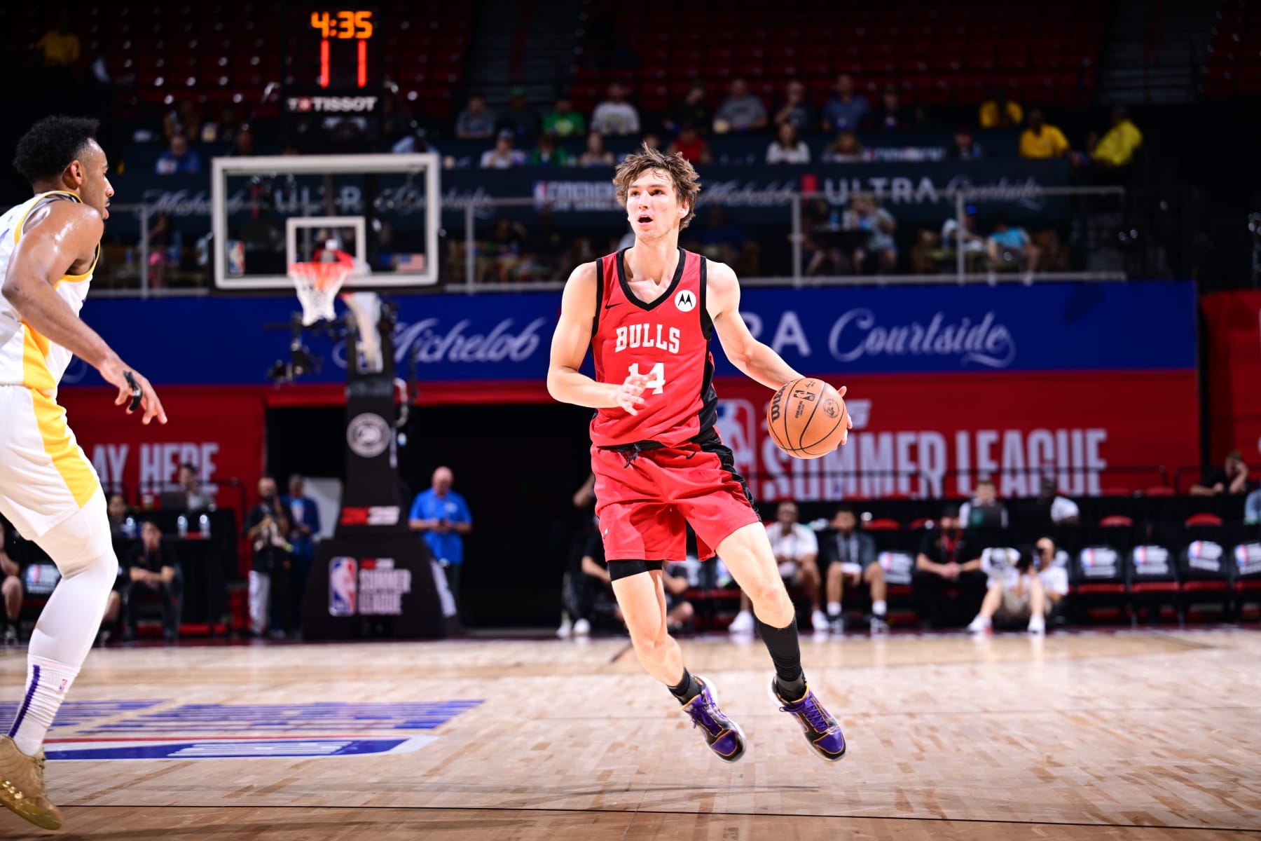 LAS VEGAS, NV - JULY 20: Matas Buzelis #14 of the Chicago Bulls handles the ball during the game against the Los Angeles Lakers on July 20, 2024 at the Thomas & Mack Center in Las Vegas, Nevada. NOTE TO USER: User expressly acknowledges and agrees that, by downloading and or using this photograph, User is consenting to the terms and conditions of the Getty Images License Agreement. Mandatory Copyright Notice: Copyright 2023 NBAE (Photo by Adam Hagy/NBAE via Getty Images)