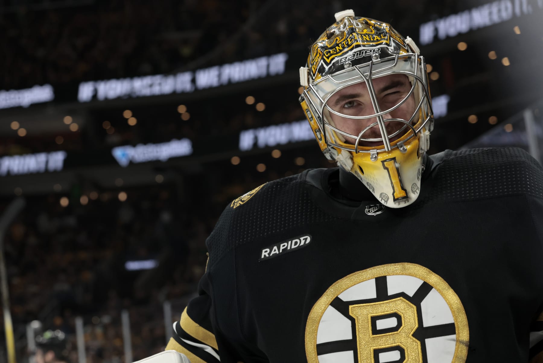 BOSTON, MA - MAY 17: Boston Bruins goalie Jeremy Swayman (1) gives a wink during Game 6 of the Eastern Conference Second Round playoffs between the Boston Bruins and the Florida Panthers on May 17, 2024, at TD Garden in Boston, Massachusetts.(Photo by Fred Kfoury III/Icon Sportswire via Getty Images)