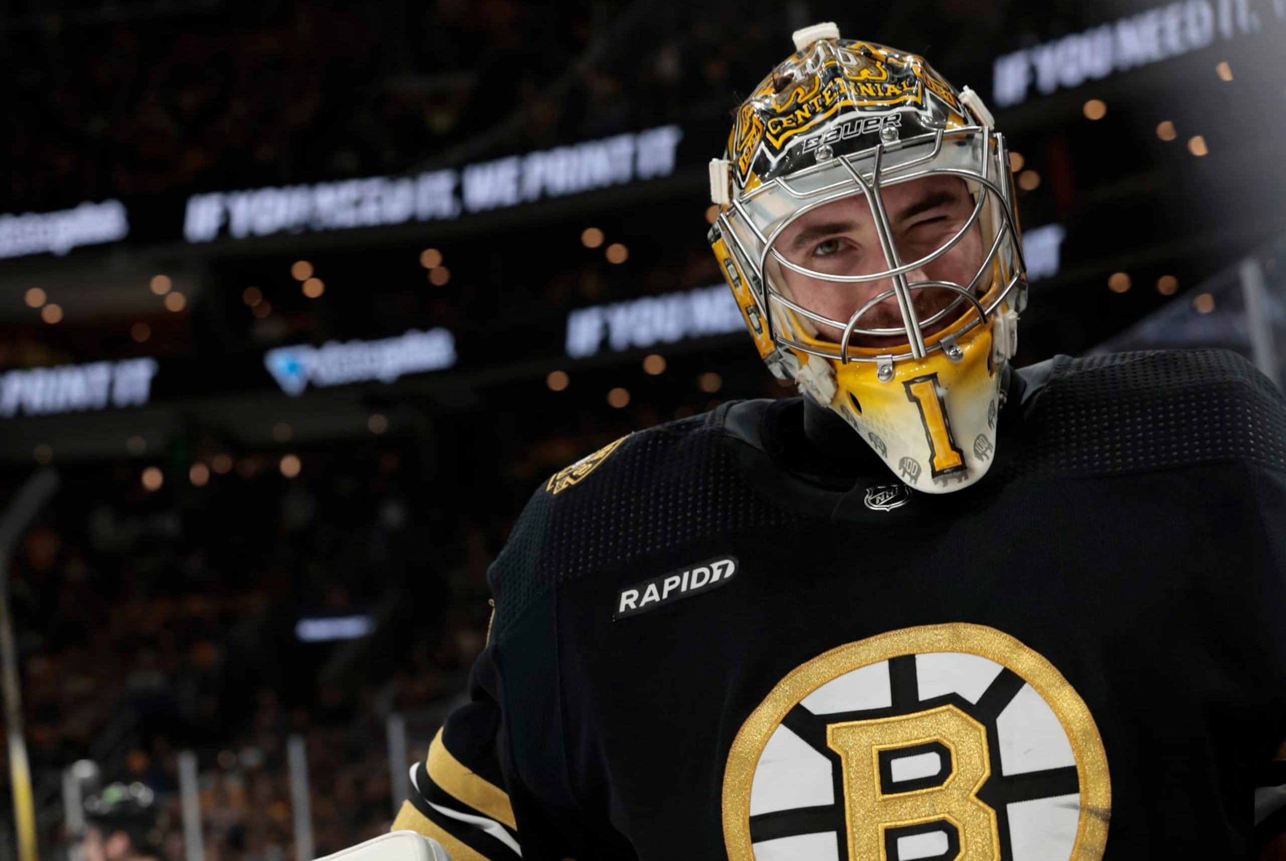 BOSTON, MA - MAY 17: Boston Bruins goalie Jeremy Swayman (1) gives a wink during Game 6 of the Eastern Conference Second Round playoffs between the Boston Bruins and the Florida Panthers on May 17, 2024, at TD Garden in Boston, Massachusetts.(Photo by Fred Kfoury III/Icon Sportswire via Getty Images)