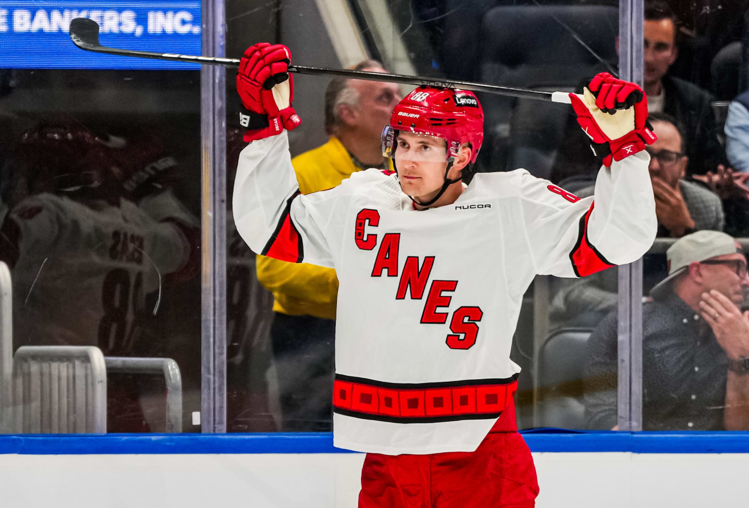 ELMONT, NEW YORK - APRIL 25:  Martin Necas #88 of the Carolina Hurricanes reacts during the first period against the New York Islanders in Game Three of the First Round of the 2024 Stanley Cup Playoffs at UBS Arena on April 25, 2024 in Elmont, New York. (Photo by Josh Lavallee/NHLI via Getty Images)