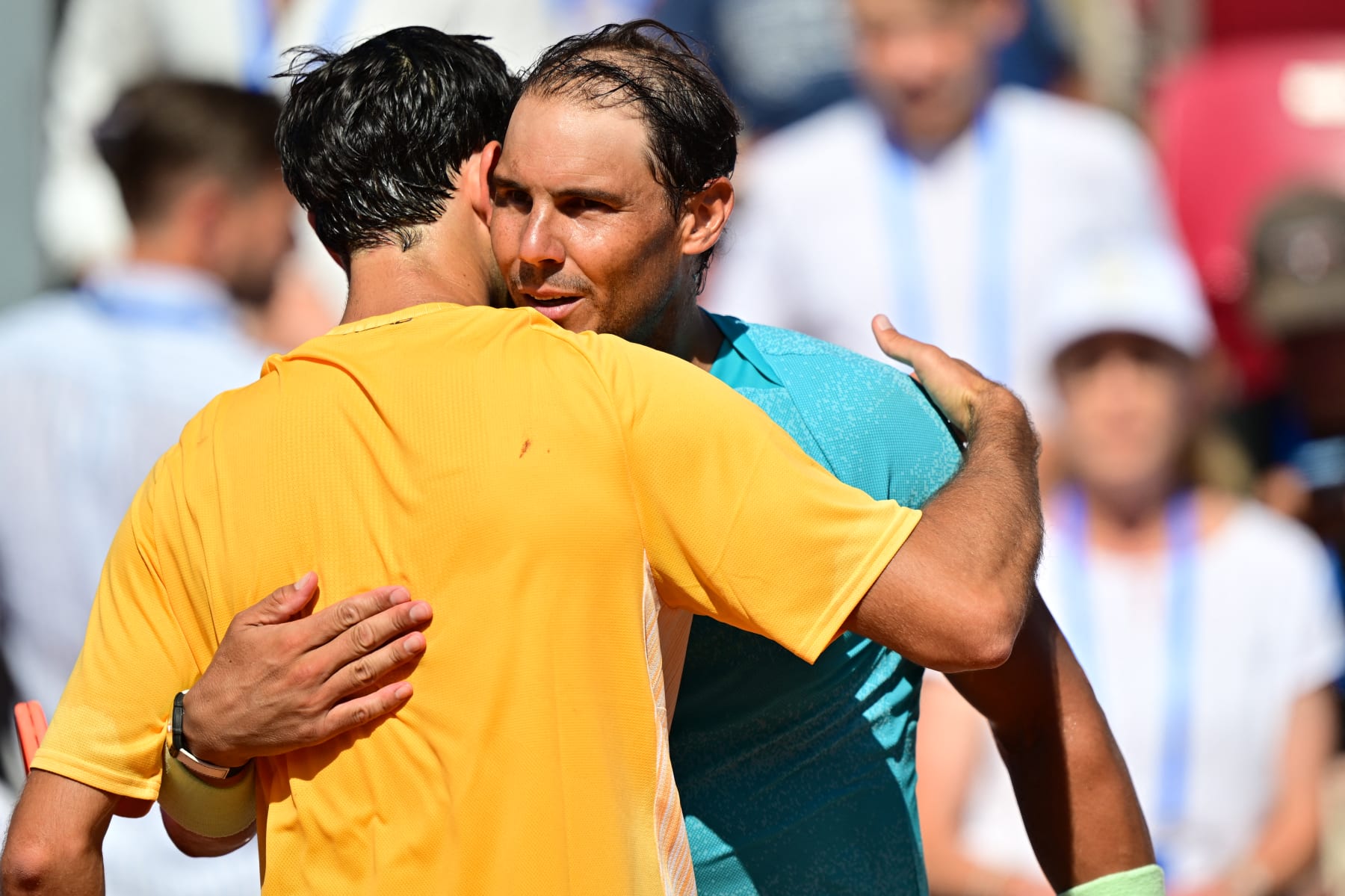 Portugal's Nuno Borges embraces Spain's Rafael Nadal after he won their men's final singles match of the ATP Nordea Open tennis tournament in Bastad, Sweden, on July 21, 2024. (Photo by Bjorn LARSSON ROSVALL / TT News Agency / AFP) / Sweden OUT (Photo by BJORN LARSSON ROSVALL/TT News Agency/AFP via Getty Images)