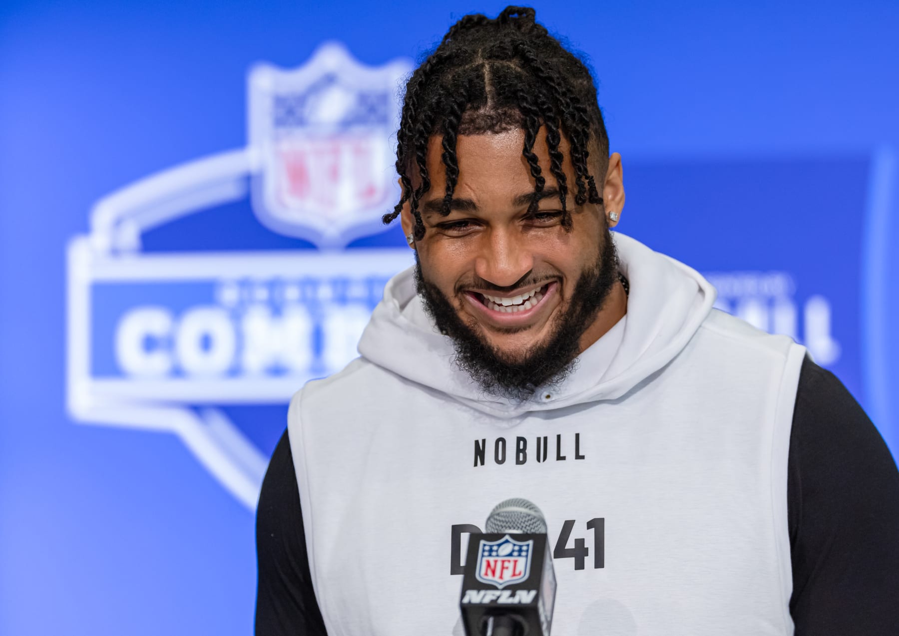INDIANAPOLIS, INDIANA - FEBRUARY 28: Marshawn Kneeland #DL41 of the Western Michigan Broncos speaks to the media during the 2024 NFL Draft Combine at Lucas Oil Stadium on February 28, 2024 in Indianapolis, Indiana. (Photo by Michael Hickey/Getty Images)
