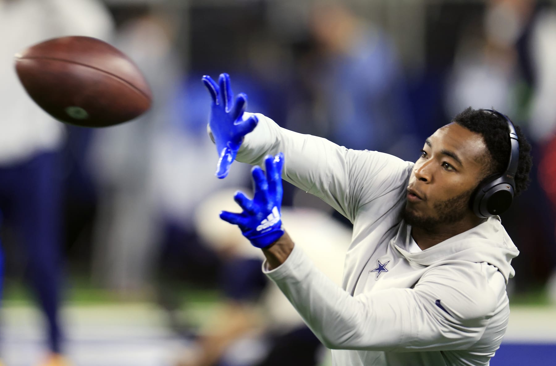 ARLINGTON, TEXAS - NOVEMBER 30:  Wide receiver Jalen Brooks #83 of the Dallas Cowboys warms up prior to the game against the Seattle Seahawks at AT&T Stadium on November 30, 2023 in Arlington, Texas. (Photo by Ron Jenkins/Getty Images)
