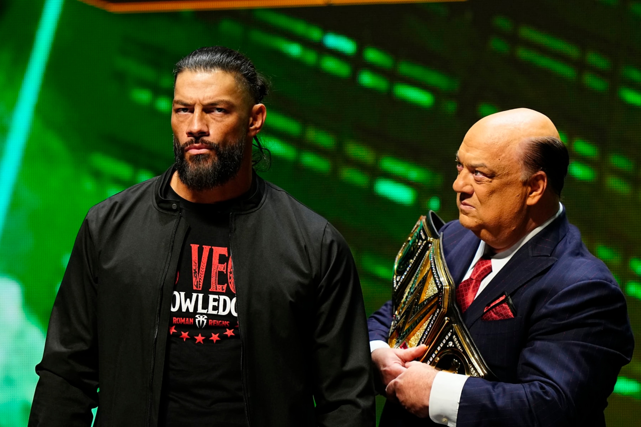 LAS VEGAS, NV - FEBRUARY 08:  Roman Reigns, WWE Undisputed Universal Champion during the WWE Wrestlemania XL Kickoff on February 08, 2024, at T-Mobile Arena in Las Vegas, NV. (Photo by Louis Grasse/PXimages/Icon Sportswire via Getty Images)