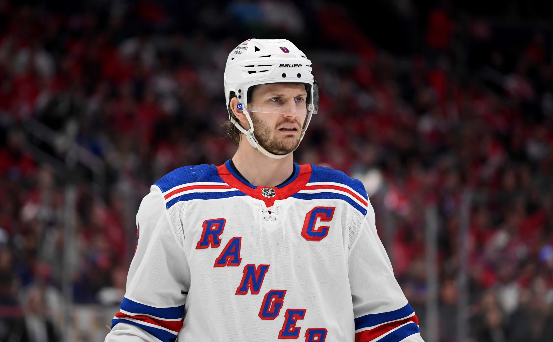 WASHINGTON, DC - APRIL 26: Rangers defenseman Jacob Trouba (8) waits for a face-off during game three of the first round of the Eastern Conference playoffs between the New York Rangers and Washington Capitals National Hockey League game on April 26, 2024 at Capital One Arena in Washington, D.C.. (Photo by Randy Litzinger/Icon Sportswire via Getty Images)