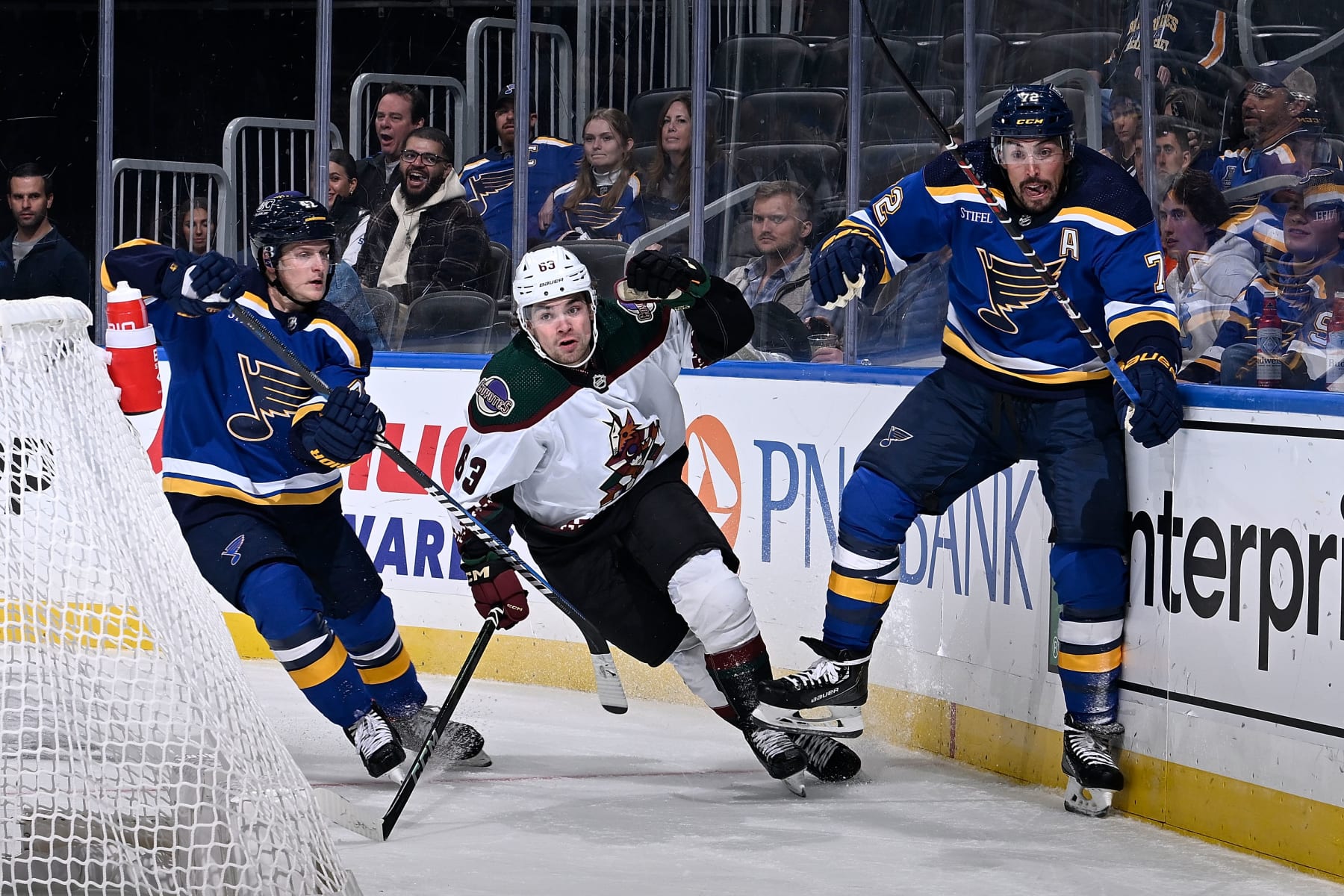 St. Louis Blues defensemen Torey Krug (left) and Justin Faulk in action against the Arizona Coyotes. 