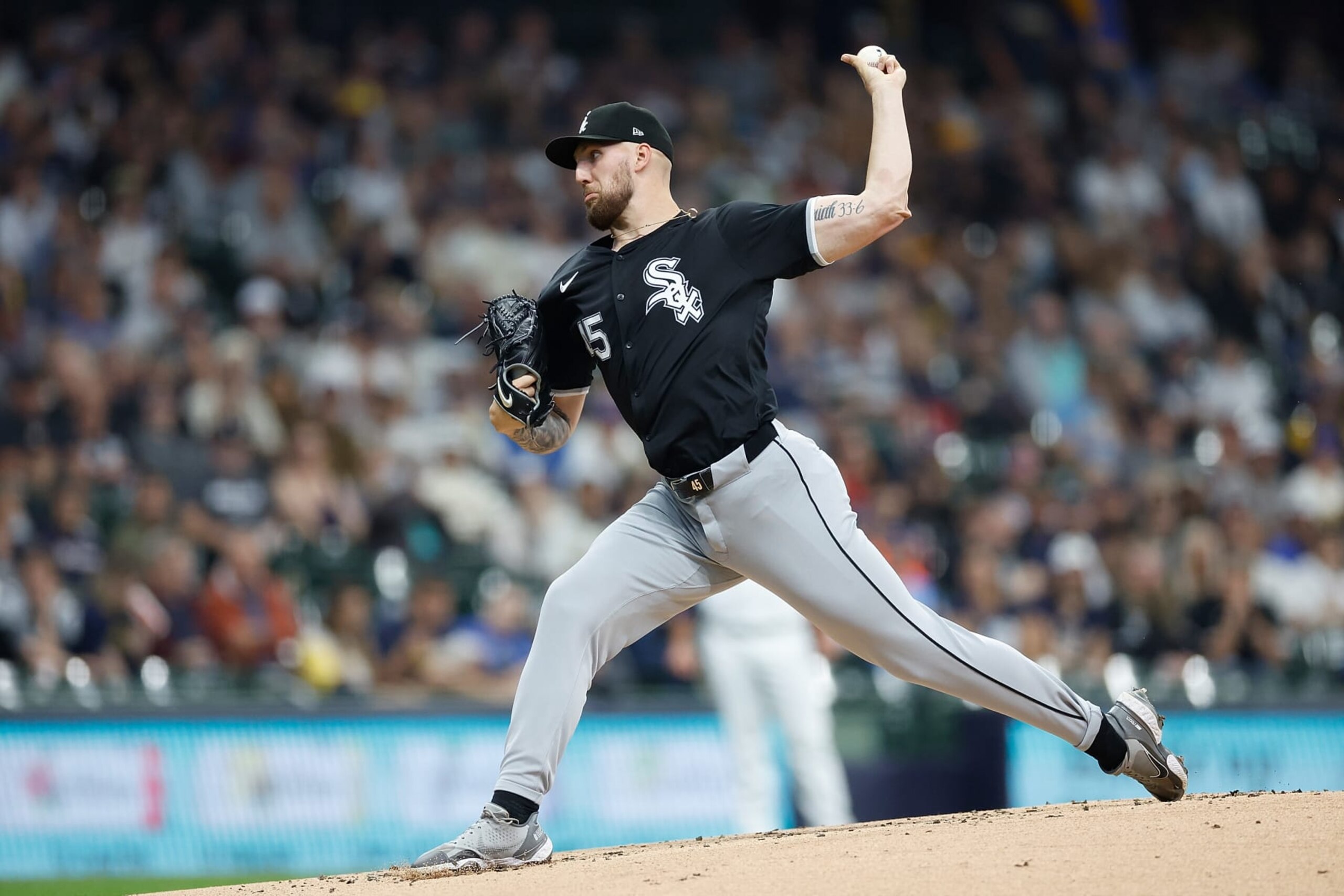 MILWAUKEE, WISCONSIN - JUNE 01: Garrett Crochet #45 of the Chicago White Sox throws a pitch in the first inning against the Milwaukee Brewers at American Family Field on June 01, 2024 in Milwaukee, Wisconsin. (Photo by John Fisher/Getty Images)