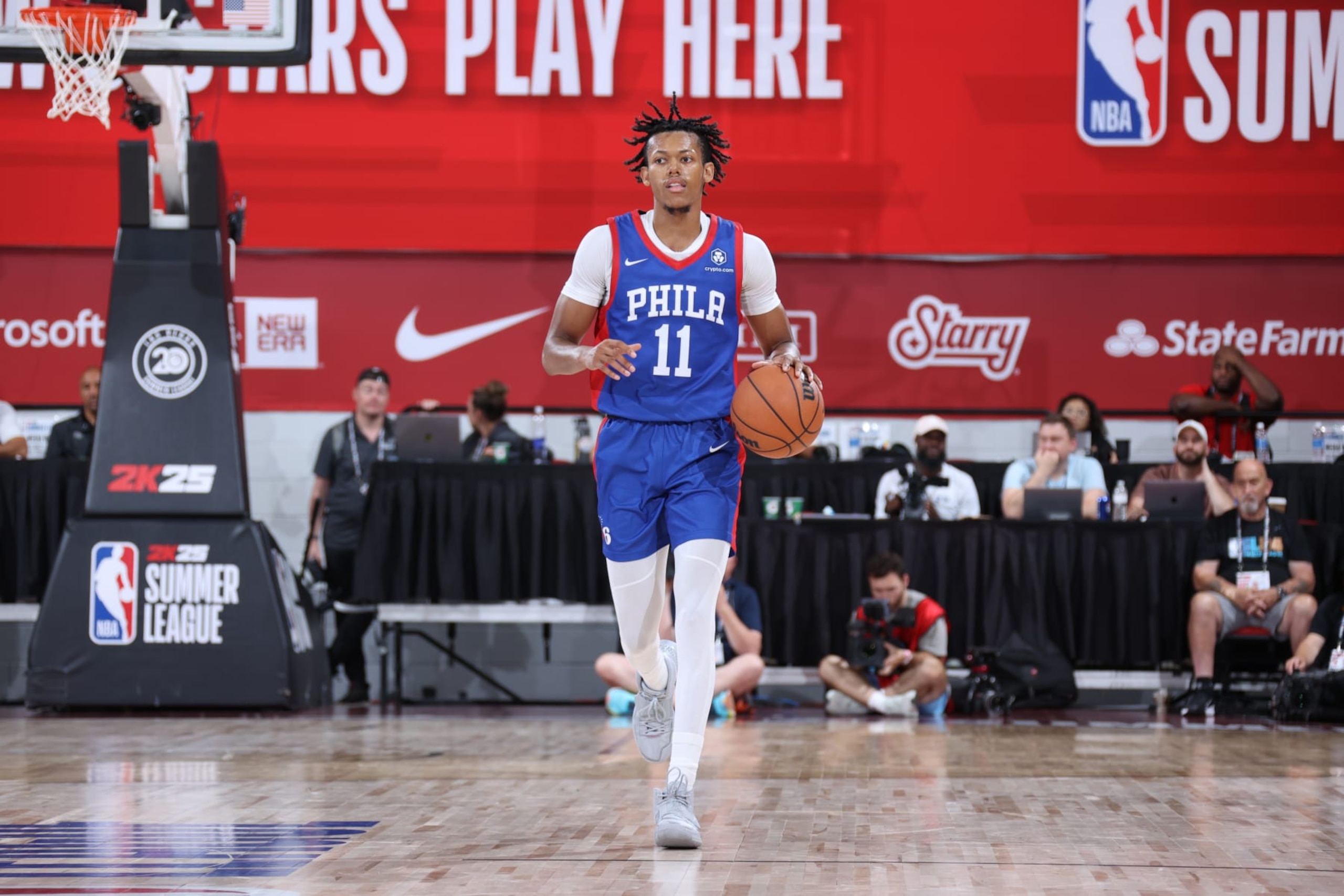 LAS VEGAS, NV - JULY 16: Jeff Dowtin Jr. #11 of the Philadelphia 76ers dribbles the ball during the game against the Minnesota Timberwolves on July 16, 2024 at the Cox Pavilion in Las Vegas, Nevada. NOTE TO USER: User expressly acknowledges and agrees that, by downloading and or using this photograph, User is consenting to the terms and conditions of the Getty Images License Agreement. Mandatory Copyright Notice: Copyright 2024 NBAE (Photo by Stephen Gosling/NBAE via Getty Images) LAS VEGAS, NV - JULY 16: Jeff Dowtin Jr. #11 of the Philadelphia 76ers dribbles the ball during the game against the Minnesota Timberwolves on July 16, 2024 at the Cox Pavilion in Las Vegas, Nevada. NOTE TO USER: User expressly acknowledges and agrees that, by downloading and or using this photograph, User is consenting to the terms and conditions of the Getty Images License Agreement. Mandatory Copyright Notice: Copyright 2024 NBAE (Photo by Stephen Gosling/NBAE via Getty Images)