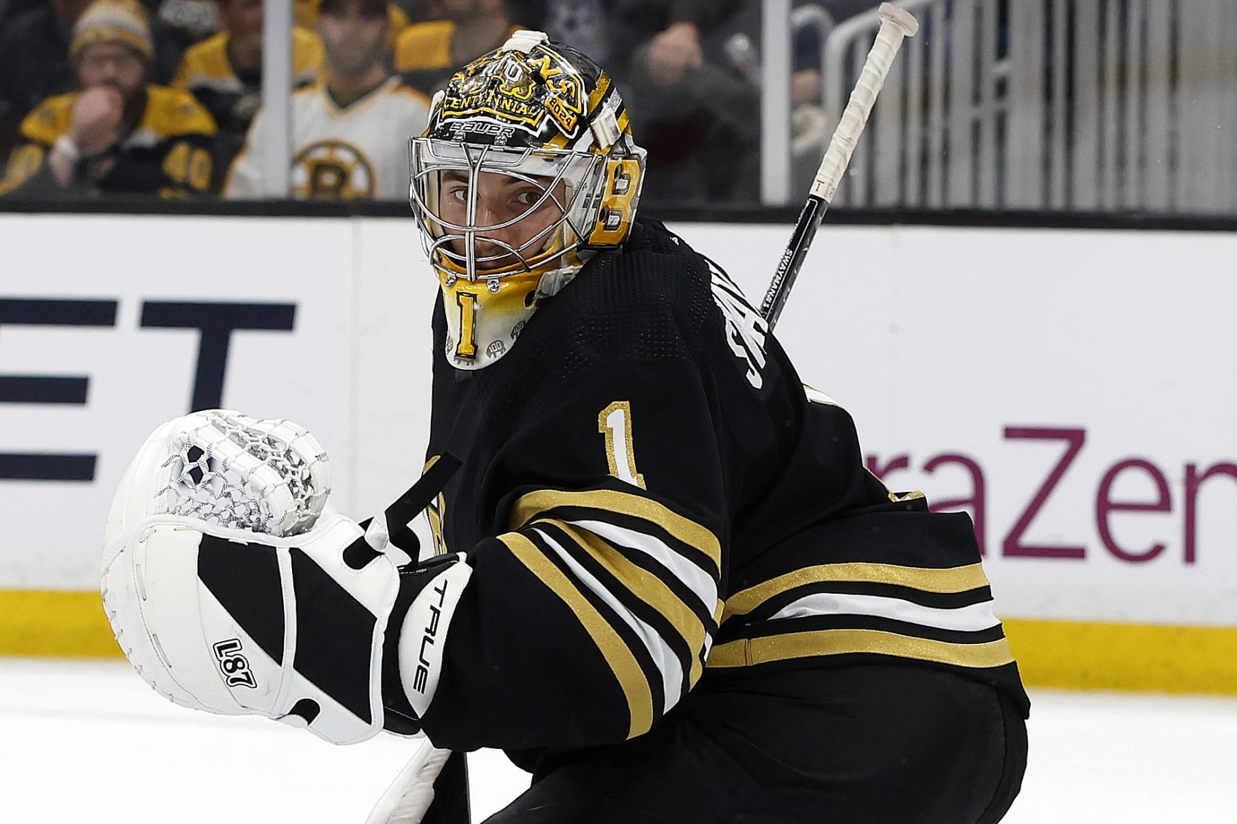 BOSTON, MASSACHUSETTS - MAY 12: Jeremy Swayman #1 of the Boston Bruins attempts to make a save during the second period against the Florida Panthers in Game Four of the Second Round of the 2024 Stanley Cup Playoffs at TD Garden on May 12, 2024 in Boston, Massachusetts. (Photo by Rich Gagnon/Getty Images)