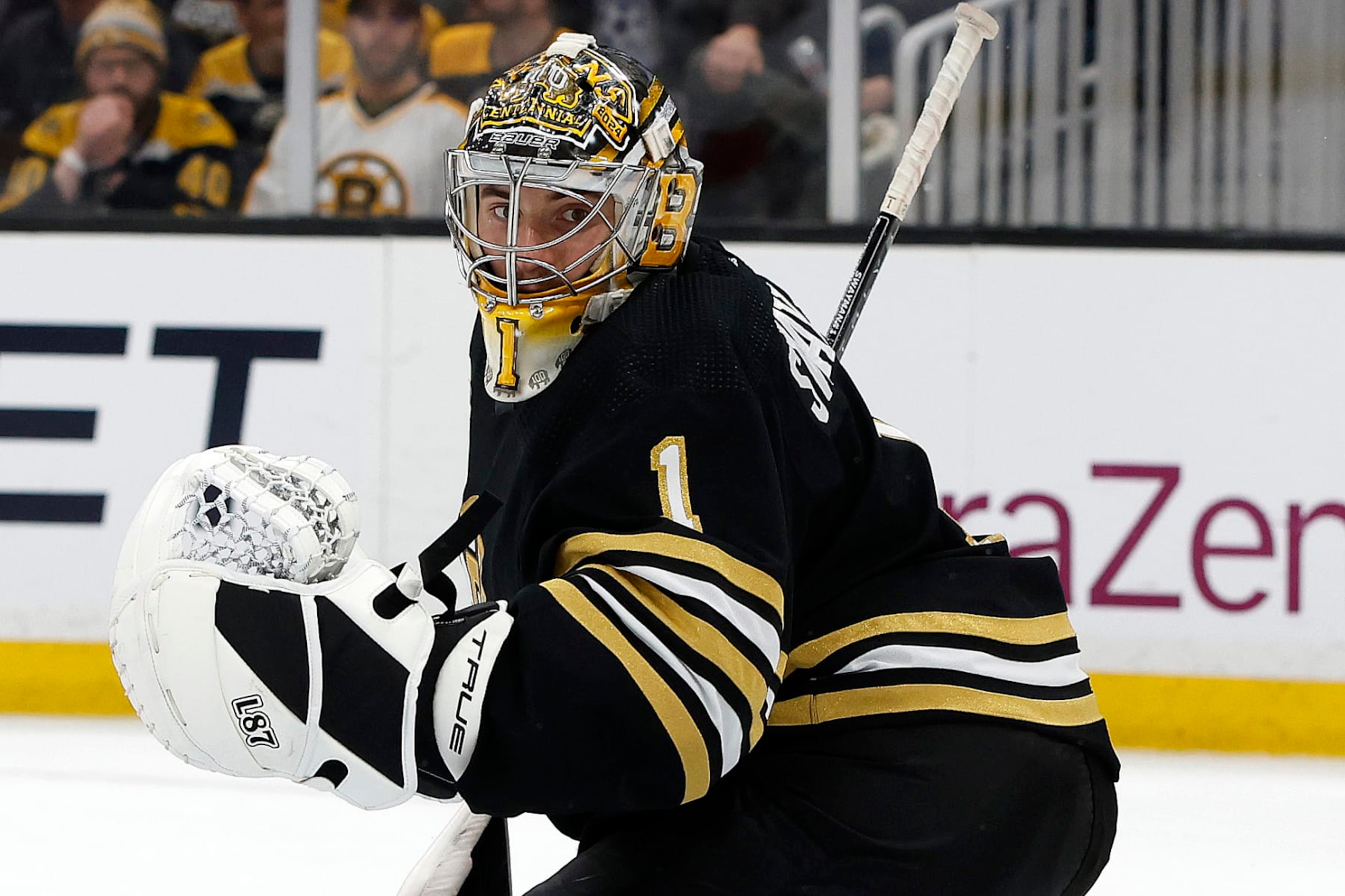 BOSTON, MASSACHUSETTS - MAY 12: Jeremy Swayman #1 of the Boston Bruins attempts to make a save during the second period against the Florida Panthers in Game Four of the Second Round of the 2024 Stanley Cup Playoffs at TD Garden on May 12, 2024 in Boston, Massachusetts. (Photo by Rich Gagnon/Getty Images)