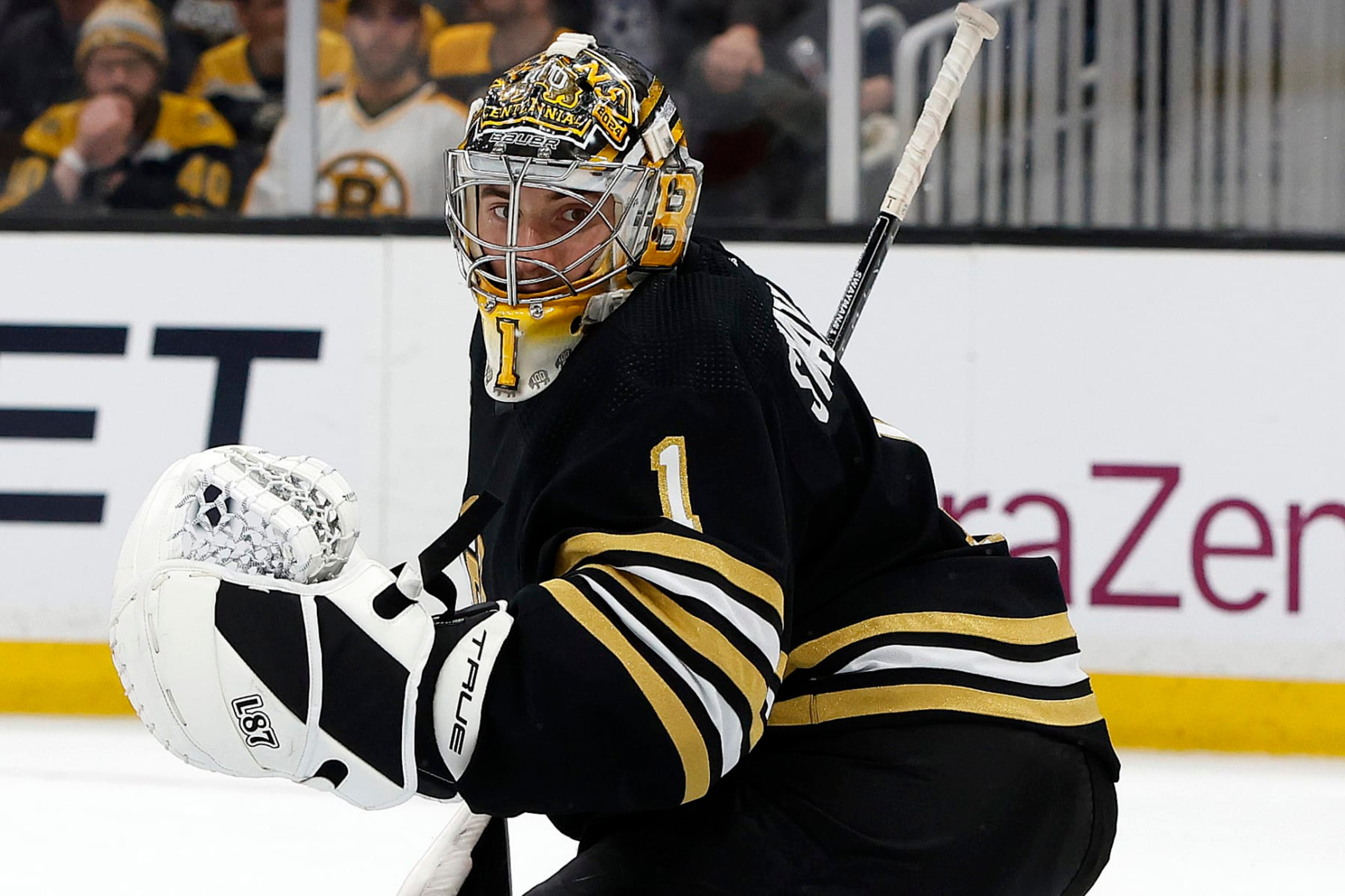BOSTON, MASSACHUSETTS - MAY 12: Jeremy Swayman #1 of the Boston Bruins attempts to make a save during the second period against the Florida Panthers in Game Four of the Second Round of the 2024 Stanley Cup Playoffs at TD Garden on May 12, 2024 in Boston, Massachusetts. (Photo by Rich Gagnon/Getty Images) BOSTON, MASSACHUSETTS - MAY 12: Jeremy Swayman #1 of the Boston Bruins attempts to make a save during the second period against the Florida Panthers in Game Four of the Second Round of the 2024 Stanley Cup Playoffs at TD Garden on May 12, 2024 in Boston, Massachusetts. (Photo by Rich Gagnon/Getty Images)