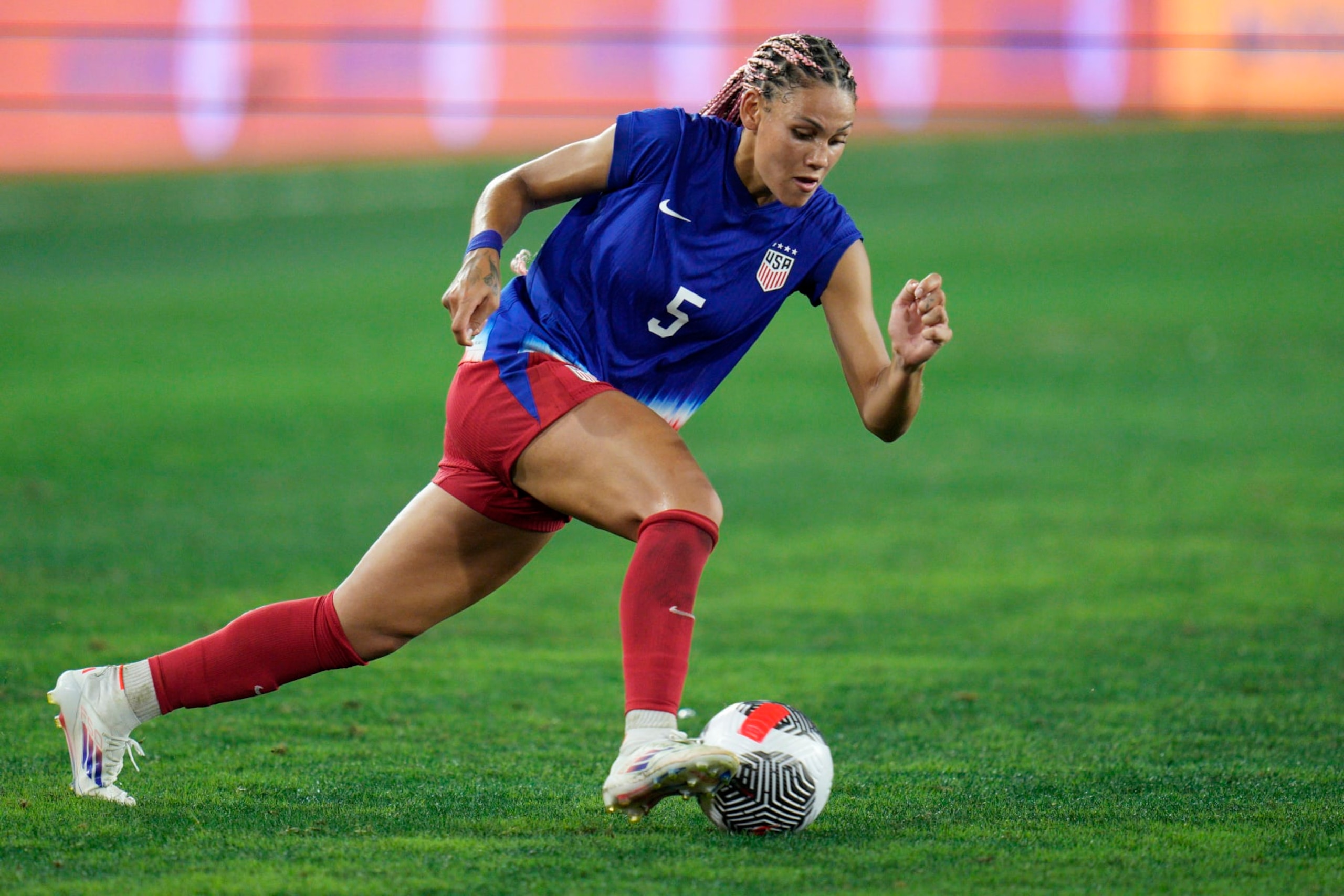 WASHINGTON, DC - JULY 16: Trinity Rodman #5 of United States controls the ball during the second half against Costa Rica at Audi Field on July 16, 2024 in Washington, DC. (Photo by Jess Rapfogel/USSF/Getty Images for USSF)