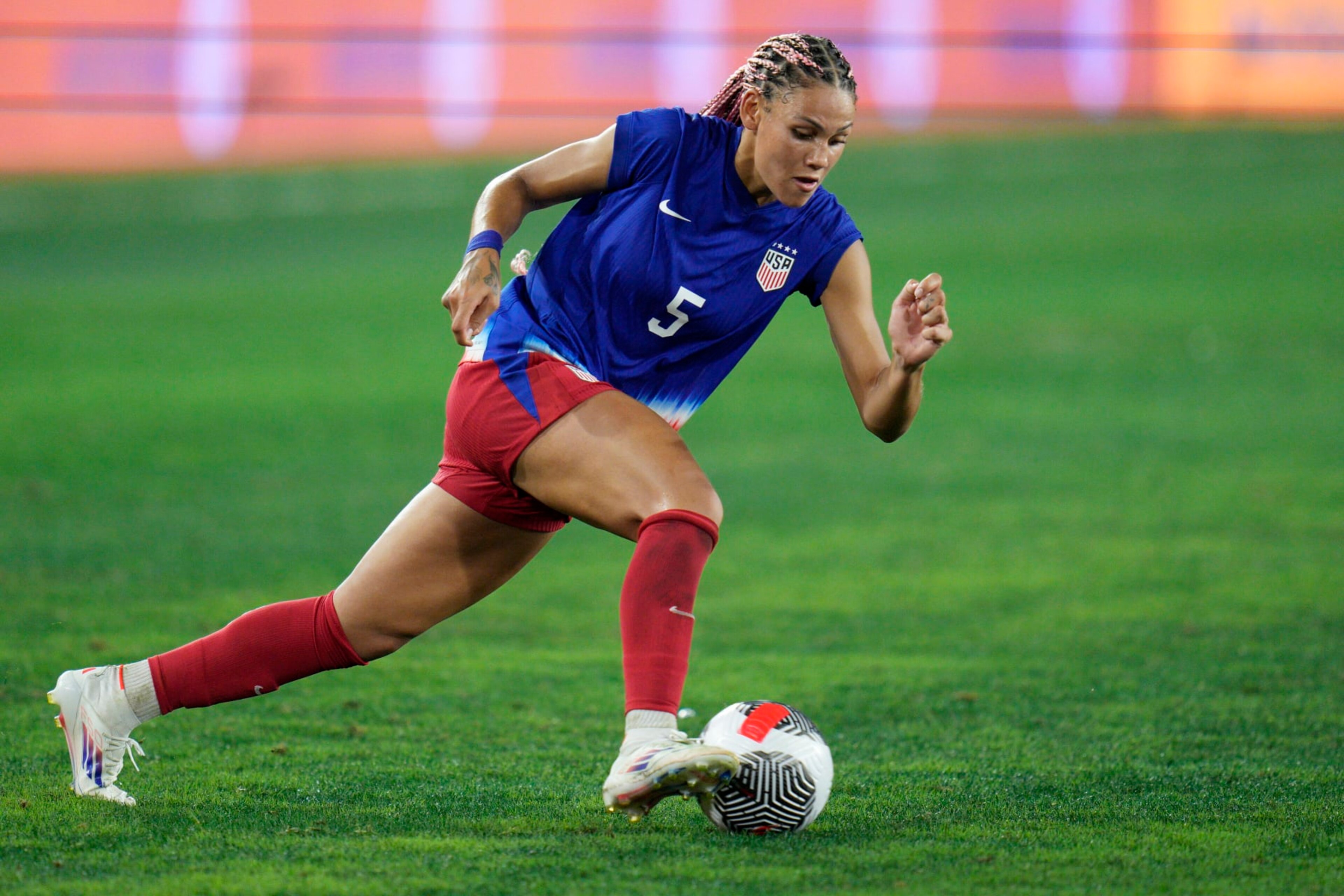 WASHINGTON, DC - JULY 16: Trinity Rodman #5 of United States controls the ball during the second half against Costa Rica at Audi Field on July 16, 2024 in Washington, DC. (Photo by Jess Rapfogel/USSF/Getty Images for USSF)