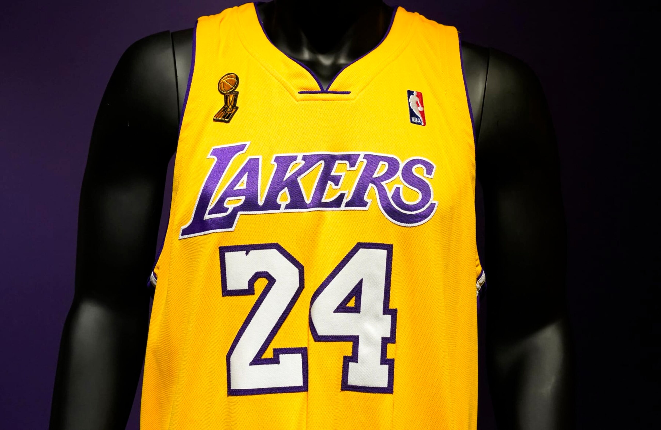Kobe Bryant's game jersey worn during Game 1 of the 2009 NBA Finals is on display at 'Sports Week' auctions at Sotheby's in New York City on April 4, 2024. (Photo by TIMOTHY A. CLARY / AFP) (Photo by TIMOTHY A. CLARY/AFP via Getty Images)