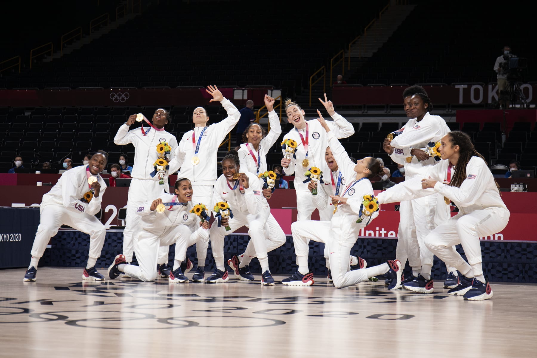 TOKYO, JAPAN August 8:  The United States Women"u2019s basketball team in victory pose after the gold medal presentation after the Japan V USA basket final for women at the Saitama Super Arena during the Tokyo 2020 Summer Olympic Games on August 8, 2021 in Tokyo, Japan. (Photo by Tim Clayton/Corbis via Getty Images)