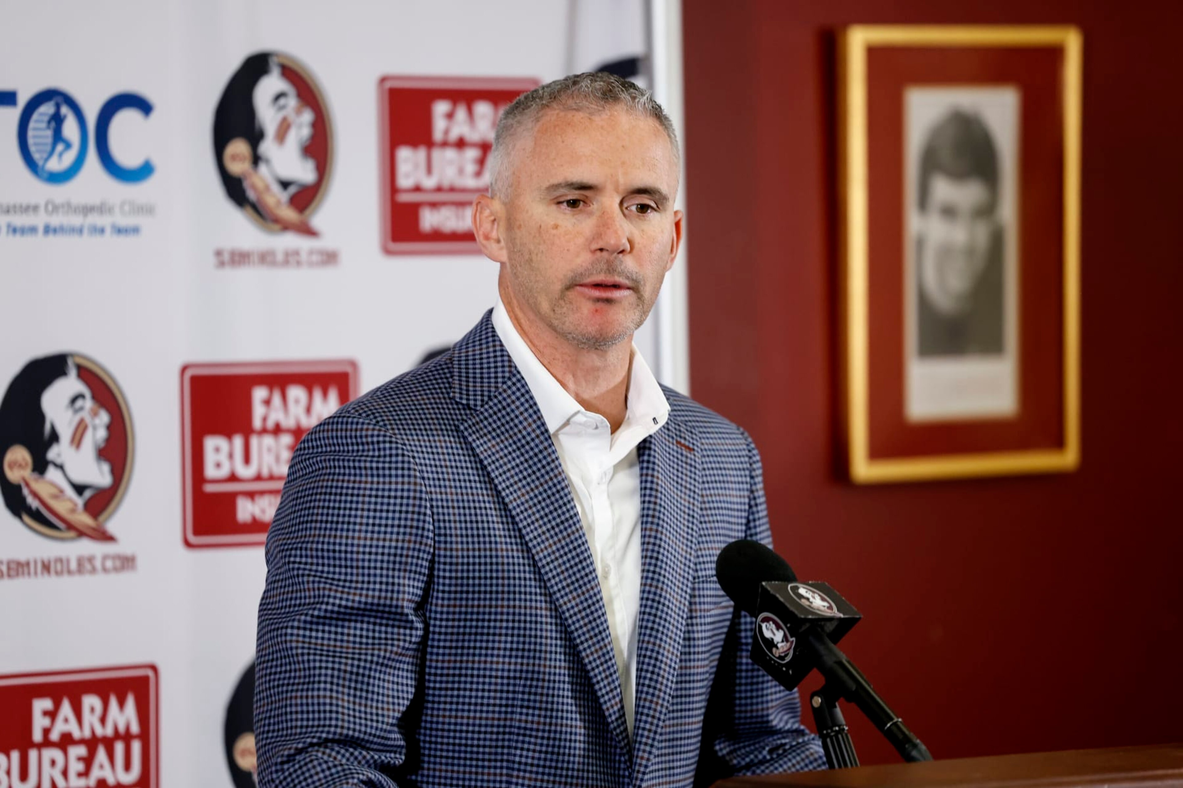 TALLAHASSEE, FL - MARCH 18: Head Coach Mike Norvell of the Florida State Seminoles talk with the media during his spring football press conference at the Moore Athletic Center on the campus of Florida State University on March 18, 2024 in Tallahassee, Florida. Norvell begins his fifth season leading the Seminoles football program whom is fresh off the first ACC Championship in nearly a decade. (Photo by Don Juan Moore/Getty Images) TALLAHASSEE, FL - MARCH 18: Head Coach Mike Norvell of the Florida State Seminoles talk with the media during his spring football press conference at the Moore Athletic Center on the campus of Florida State University on March 18, 2024 in Tallahassee, Florida. Norvell begins his fifth season leading the Seminoles football program whom is fresh off the first ACC Championship in nearly a decade. (Photo by Don Juan Moore/Getty Images)