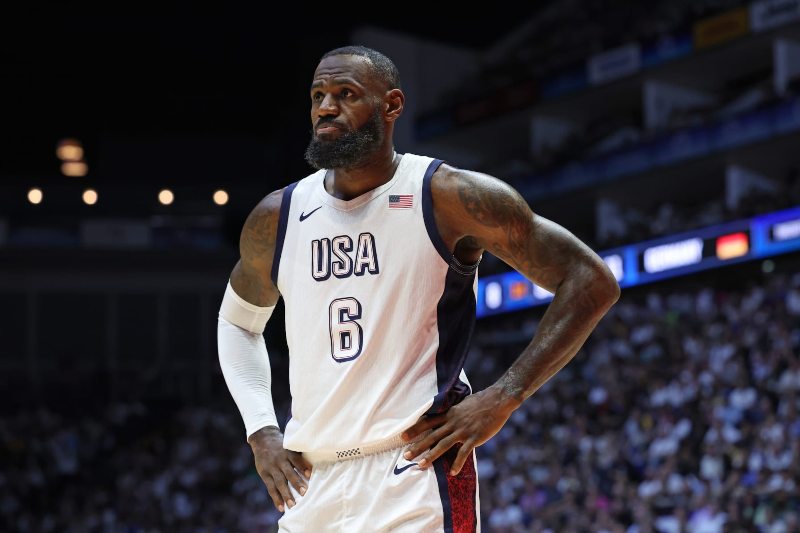 LONDON, ENGLAND - JULY 22: LeBron James #6 of Team USA looks on during the game against Team Germany as part of the 2024 USA Basketball Showcase on July 22, 2024 in London, England at O2 Arena. NOTE TO USER: User expressly acknowledges and agrees that, by downloading and/or using this photograph, user is consenting to the terms and conditions of the Getty Images License Agreement. Mandatory Copyright Notice: Copyright 2024 NBAE (Photo by Joe Murphy/NBAE via Getty Images)