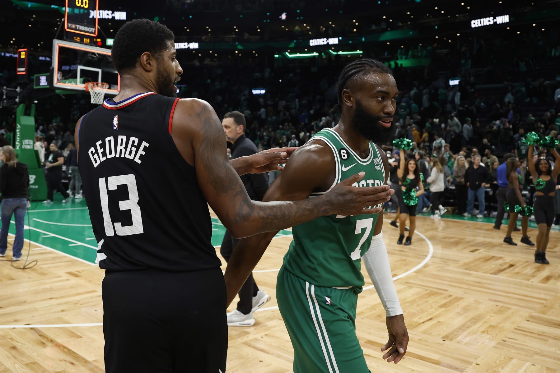 BOSTON, MA - DECEMBER 29: Paul George #13 of the LA Clippers and Jaylen Brown #7 of the Boston Celtics after their game at TD Garden on December 29, 2022 in Boston, Massachusetts. NOTE TO USER: User expressly acknowledges and agrees that, by downloading and/or using this Photograph, user is consenting to the terms and conditions of the Getty Images License Agreement. (Photo by Winslow Townson/Getty Images)