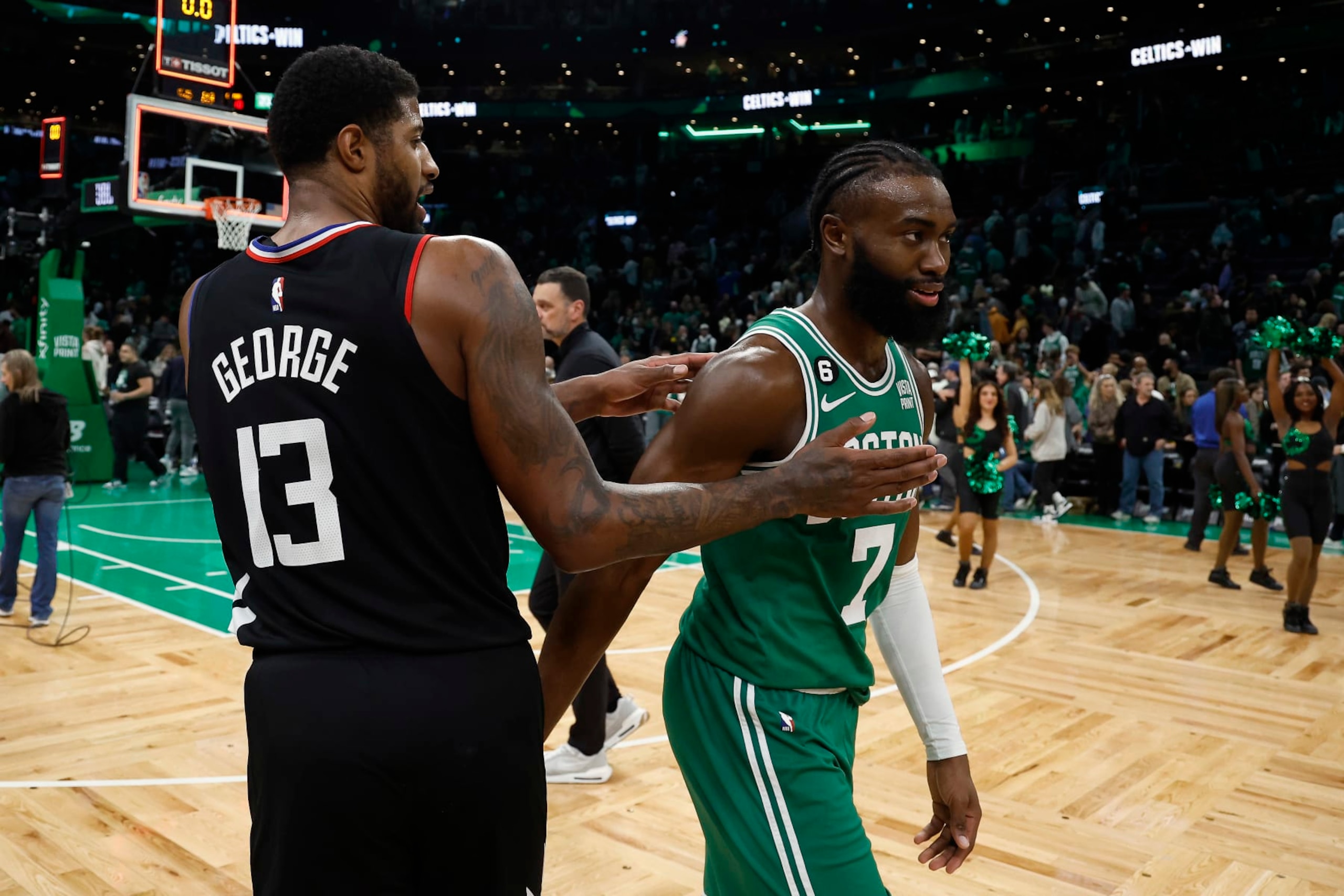 BOSTON, MA - DECEMBER 29: Paul George #13 of the LA Clippers and Jaylen Brown #7 of the Boston Celtics after their game at TD Garden on December 29, 2022 in Boston, Massachusetts. NOTE TO USER: User expressly acknowledges and agrees that, by downloading and/or using this Photograph, user is consenting to the terms and conditions of the Getty Images License Agreement. (Photo by Winslow Townson/Getty Images)