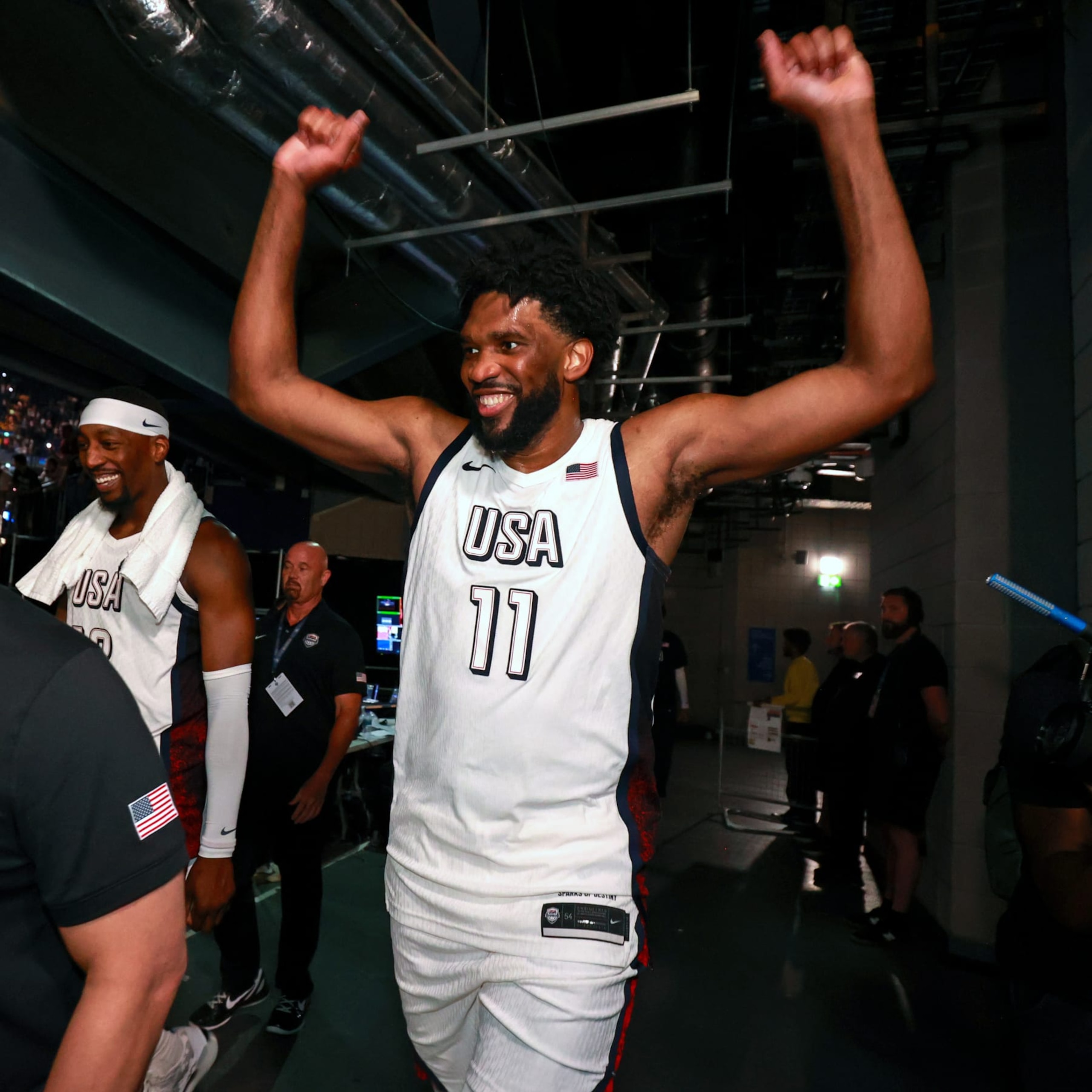 LONDON, ENGLAND - JULY 22: Joel Embiid #11 of Team USA celebrates after the game against Team Germany as part of the 2024 USA Basketball Showcase on July 22, 2024 in London, England at O2 Arena. NOTE TO USER: User expressly acknowledges and agrees that, by downloading and/or using this photograph, user is consenting to the terms and conditions of the Getty Images License Agreement. Mandatory Copyright Notice: Copyright 2024 NBAE (Photo by Nathaniel S. Butler/NBAE via Getty Images)