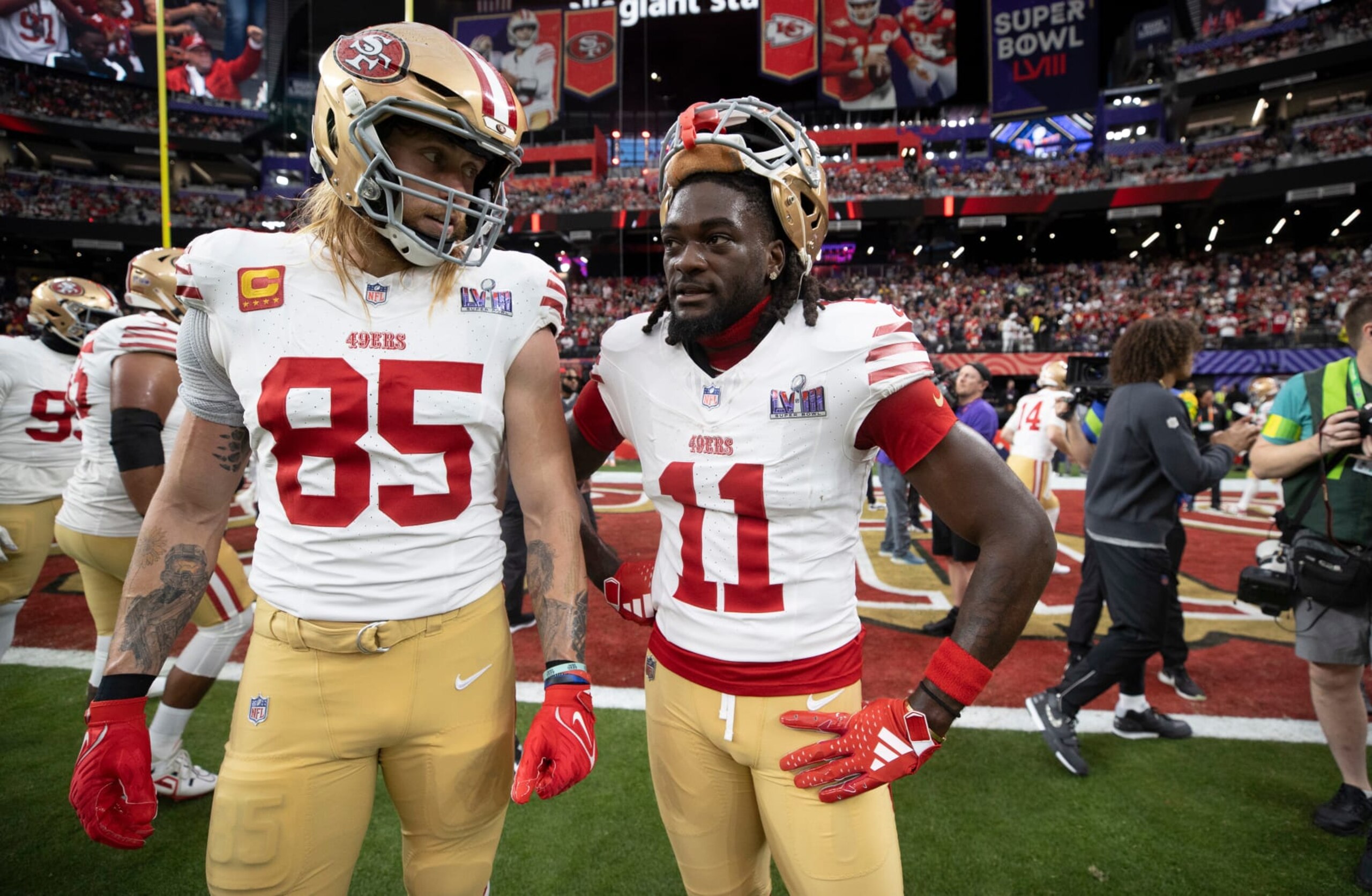 LAS VEGAS, NV - FEBRUARY 11: George Kittle #85 and Brandon Aiyuk #11 of the San Francisco 49ers before Super Bowl LVIII against the Kansas City Chiefs at Allegiant Stadium on February 11, 2024 in Las Vegas, Nevada. The Chiefs defeated the 49ers 25-22. (Photo by Michael Zagaris/San Francisco 49ers/Getty Images) LAS VEGAS, NV - FEBRUARY 11: George Kittle #85 and Brandon Aiyuk #11 of the San Francisco 49ers before Super Bowl LVIII against the Kansas City Chiefs at Allegiant Stadium on February 11, 2024 in Las Vegas, Nevada. The Chiefs defeated the 49ers 25-22. (Photo by Michael Zagaris/San Francisco 49ers/Getty Images)