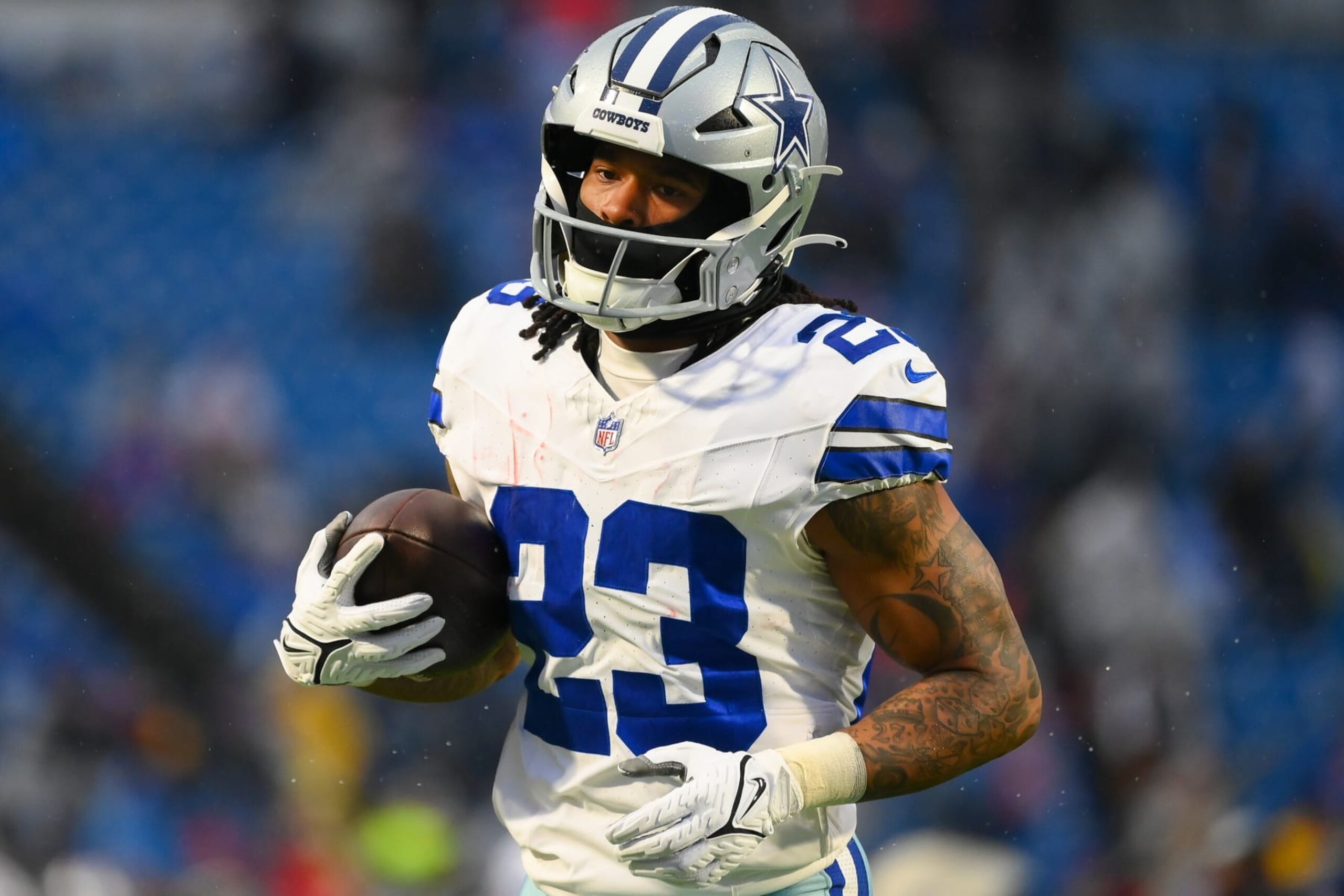 ORCHARD PARK, NEW YORK - DECEMBER 17: Rico Dowdle #23 of the Dallas Cowboys warms up prior to the game against the Buffalo Bills at Highmark Stadium on December 17, 2023 in Orchard Park, New York. The Bills won 31-10. (Photo by Rich Barnes/Getty Images)
