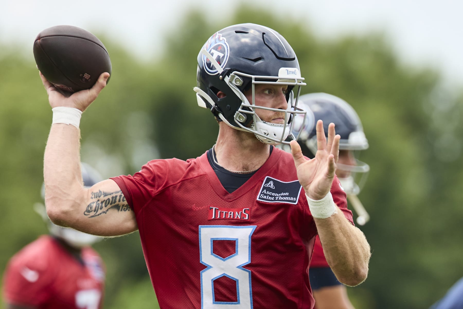 NASHVILLE, TENNESSEE - JUNE 05: Will Levis #8 of the Tennessee Titans drops back to pass during day 2 of Titans Mandatory Minicamp at Ascension Saint Thomas Sports Park on June 05, 2024 in Nashville, Tennessee. (Photo by Johnnie Izquierdo/Getty Images)