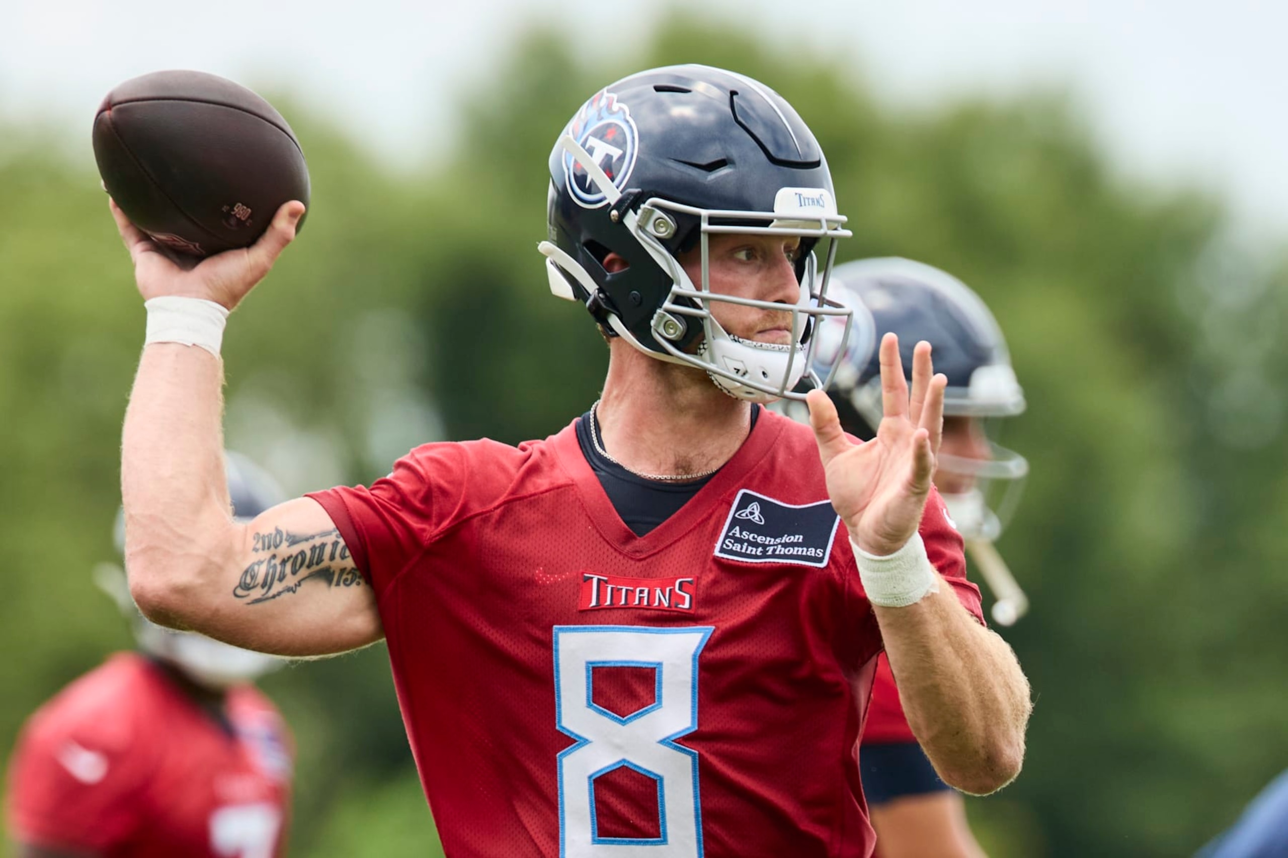 NASHVILLE, TENNESSEE - JUNE 05: Will Levis #8 of the Tennessee Titans drops back to pass during day 2 of Titans Mandatory Minicamp at Ascension Saint Thomas Sports Park on June 05, 2024 in Nashville, Tennessee. (Photo by Johnnie Izquierdo/Getty Images)
