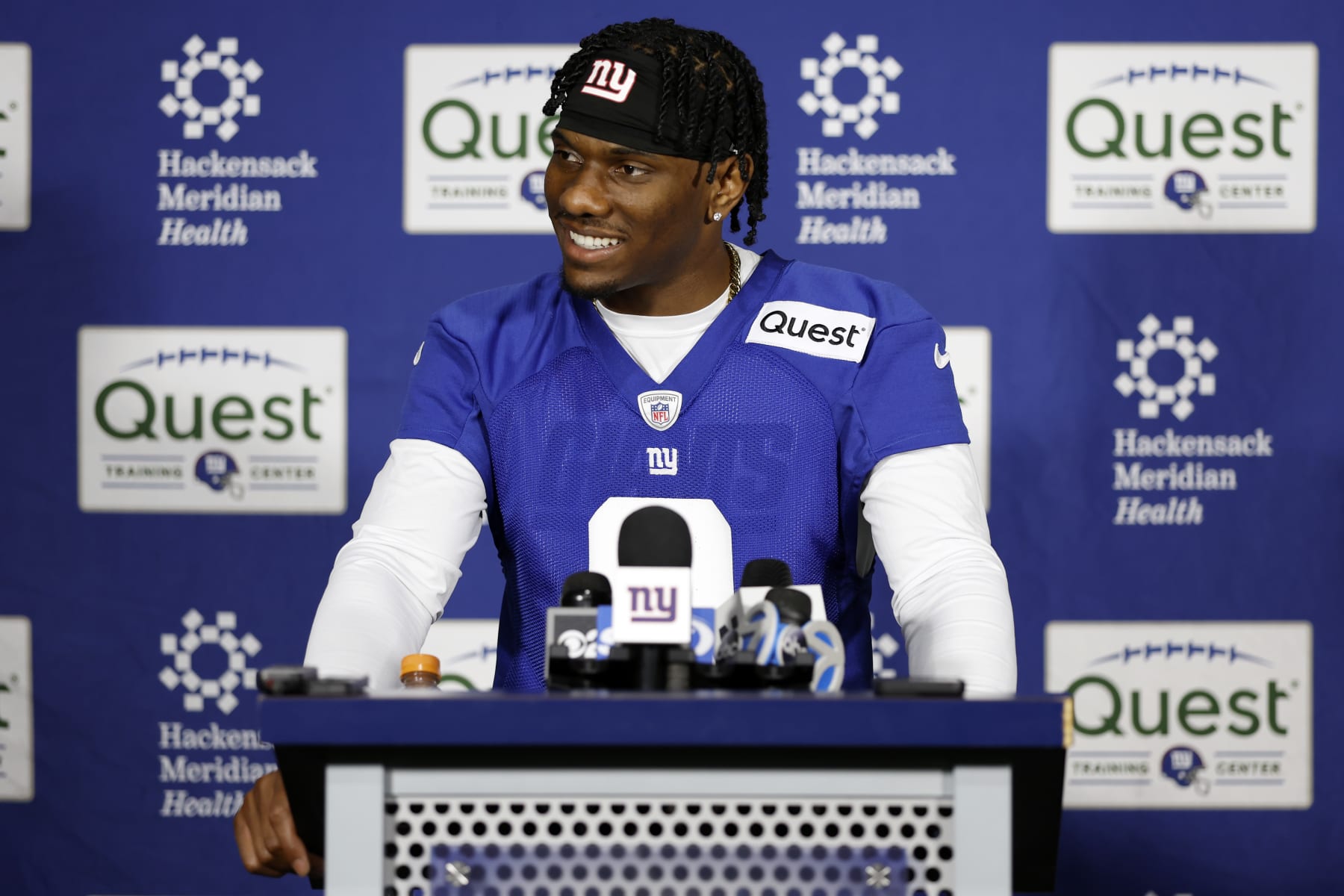 EAST RUTHERFORD, NEW JERSEY - MAY 10: Wide receiver Malik Nabers speaks to the media during New York Giants Rookie Minicamp at Quest Diagnostics Training Center on May 10, 2024 in East Rutherford, New Jersey. (Photo by Sarah Stier/Getty Images)