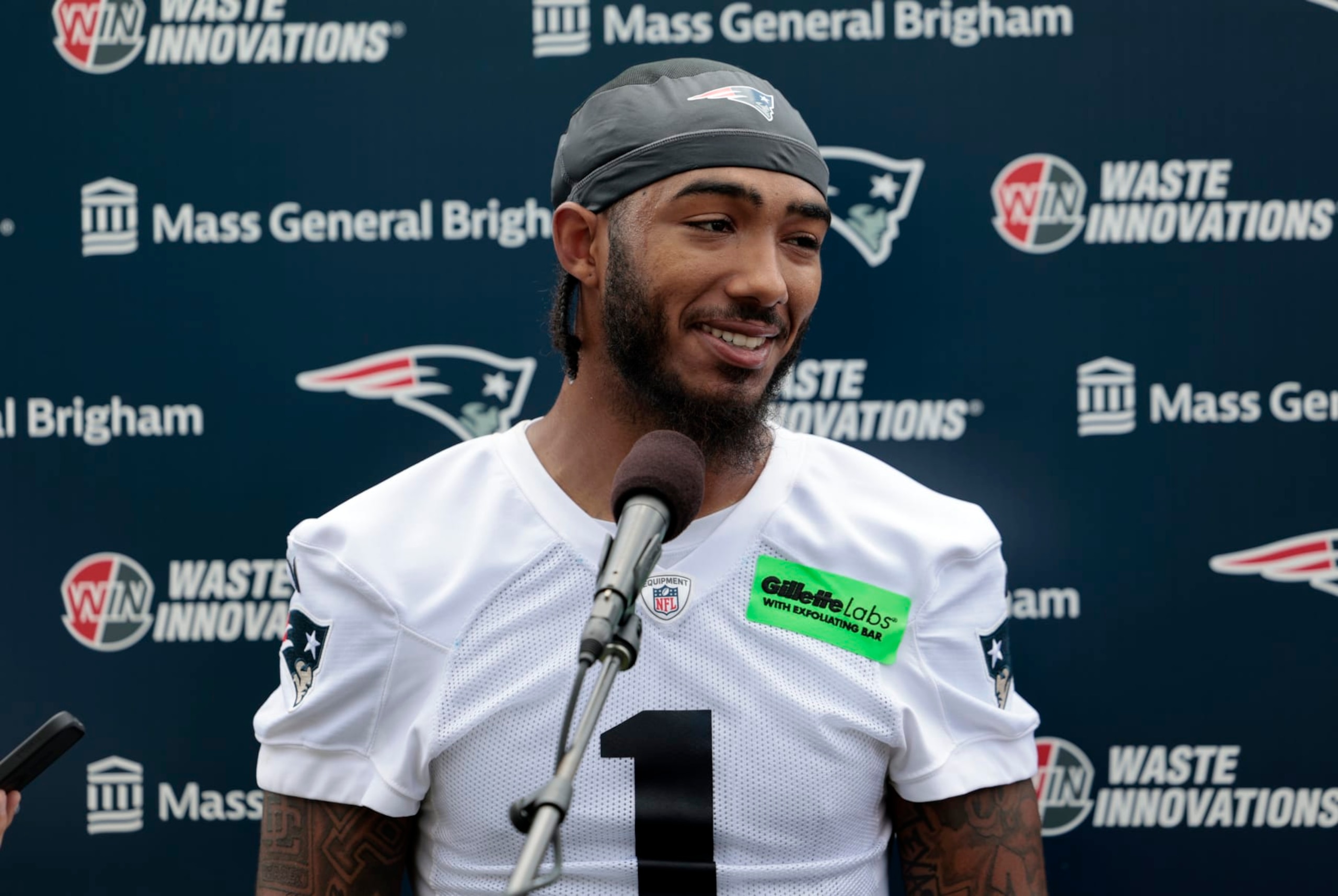 FOXBOROUGH, MA - JUNE 12: New England Patriots wide receiver Ja'Lynn Polk (1) speaks to the press during New England Patriots Minicamp on June 12, 2024, at The Patriots practice facility at Gillette Stadium in Foxborough, Massachusetts. (Photo by Fred Kfoury III/Icon Sportswire via Getty Images) FOXBOROUGH, MA - JUNE 12: New England Patriots wide receiver Ja'Lynn Polk (1) speaks to the press during New England Patriots Minicamp on June 12, 2024, at The Patriots practice facility at Gillette Stadium in Foxborough, Massachusetts. (Photo by Fred Kfoury III/Icon Sportswire via Getty Images)