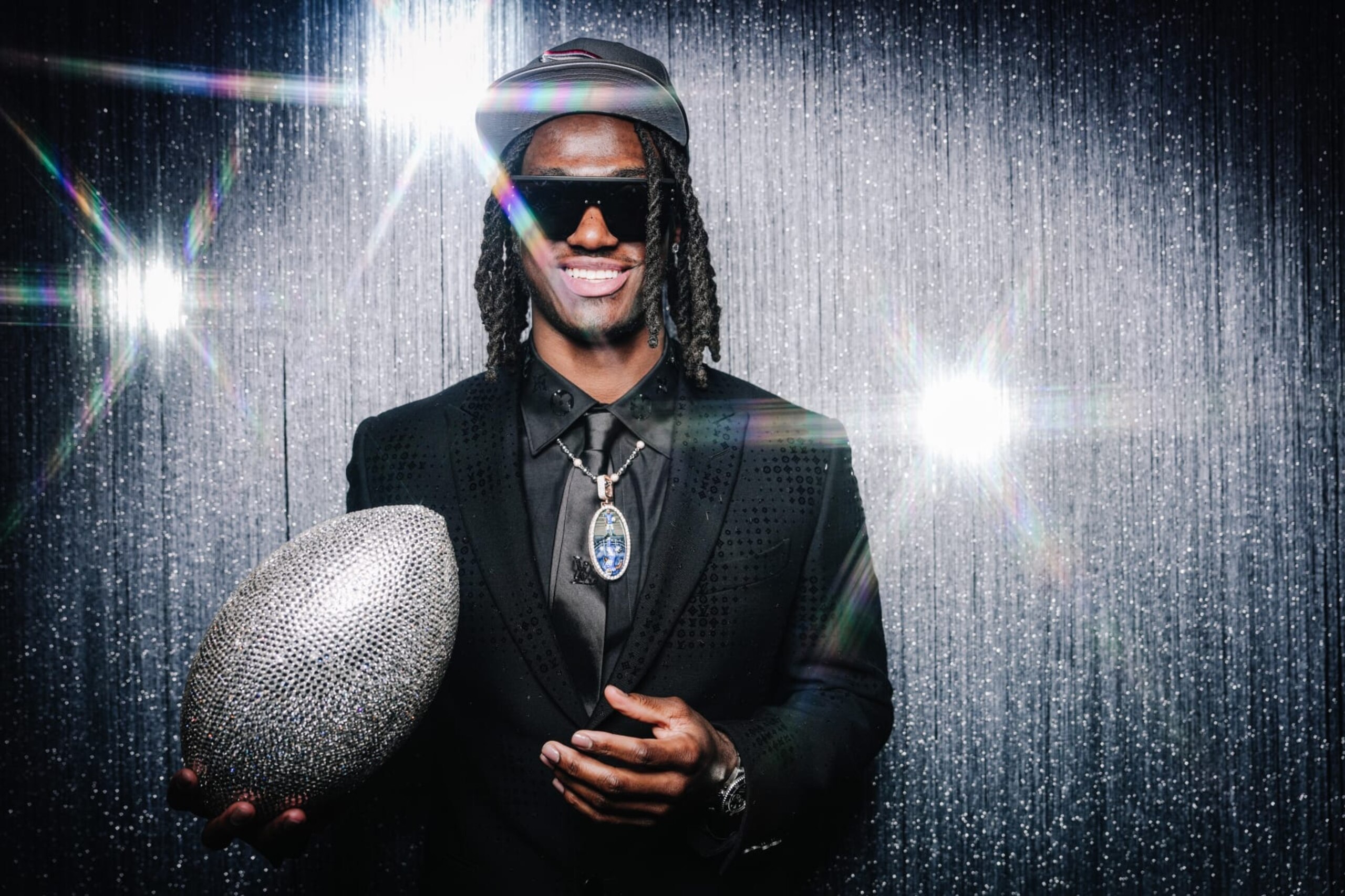 DETROIT, MI - APRIL 25: (EDITOR'S NOTE: Image has been taken using a Star Effect Filter) Wide receiver Marvin Harrison Jr. poses for portraits after being selected fourth overall in the first round by the Arizona Cardinals during the 2024 NFL draft on April 25, 2024 in Detroit, Michigan. (Photo by Todd Rosenberg/Getty Images) DETROIT, MI - APRIL 25: (EDITOR'S NOTE: Image has been taken using a Star Effect Filter) Wide receiver Marvin Harrison Jr. poses for portraits after being selected fourth overall in the first round by the Arizona Cardinals during the 2024 NFL draft on April 25, 2024 in Detroit, Michigan. (Photo by Todd Rosenberg/Getty Images)