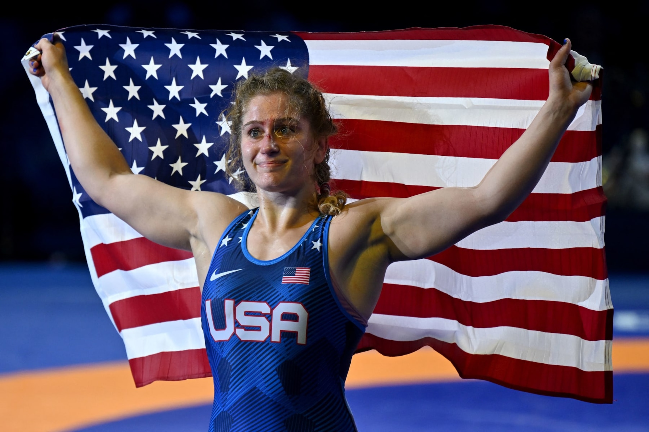 US Amit Elor celebrates her victory over Mongolia's Davaanasan Enkh Amar in the Women's 72kg freestyle final during the World Wrestling Championships in Belgrade on September 21, 2023. (Photo by Andrej ISAKOVIC / AFP) (Photo by ANDREJ ISAKOVIC/AFP via Getty Images) US Amit Elor celebrates her victory over Mongolia's Davaanasan Enkh Amar in the Women's 72kg freestyle final during the World Wrestling Championships in Belgrade on September 21, 2023. (Photo by Andrej ISAKOVIC / AFP) (Photo by ANDREJ ISAKOVIC/AFP via Getty Images)