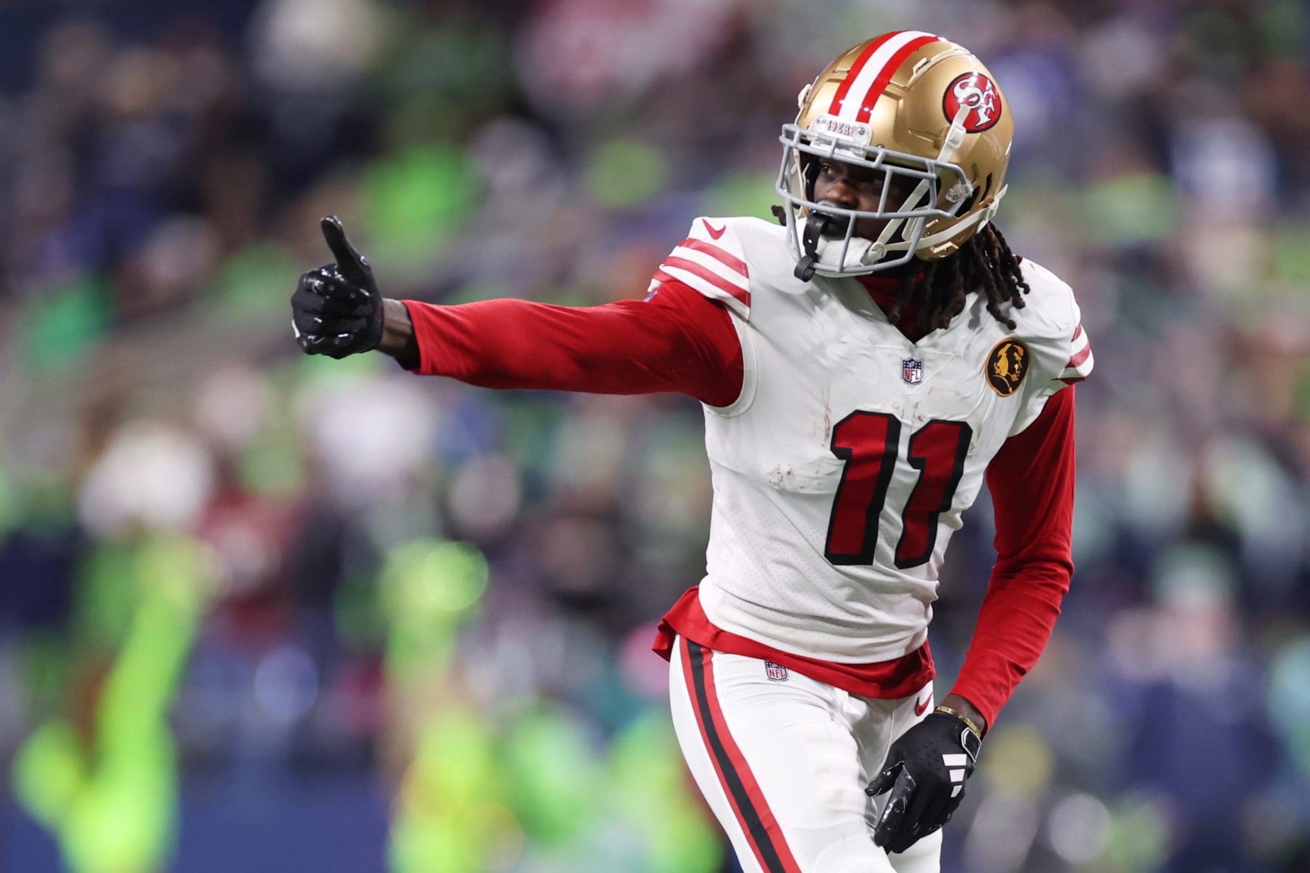 SEATTLE, WASHINGTON - NOVEMBER 23: Brandon Aiyuk #11 of the San Francisco 49ers looks on during the first half against the Seattle Seahawks at Lumen Field on November 23, 2023 in Seattle, Washington. (Photo by Steph Chambers/Getty Images)