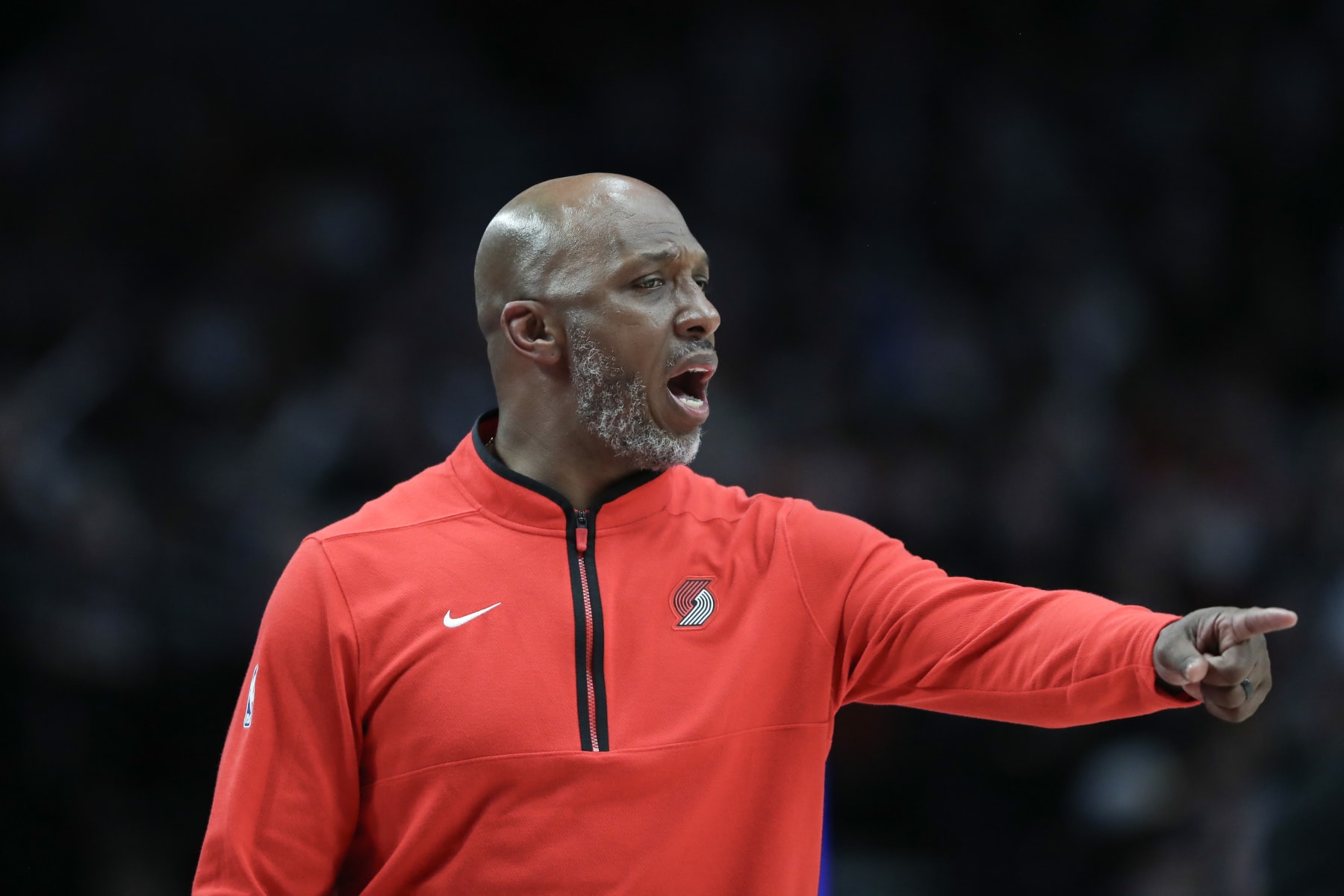 PORTLAND, OREGON - APRIL 12: Head coach Chauncey Billups of the Portland Trail Blazers calls out to players during the fourth quarter against the Houston Rockets at Moda Center on April 12, 2024 in Portland, Oregon. NOTE TO USER: User expressly acknowledges and agrees that, by downloading and or using this photograph, User is consenting to the terms and conditions of the Getty Images License Agreement.  (Photo by Amanda Loman/Getty Images)