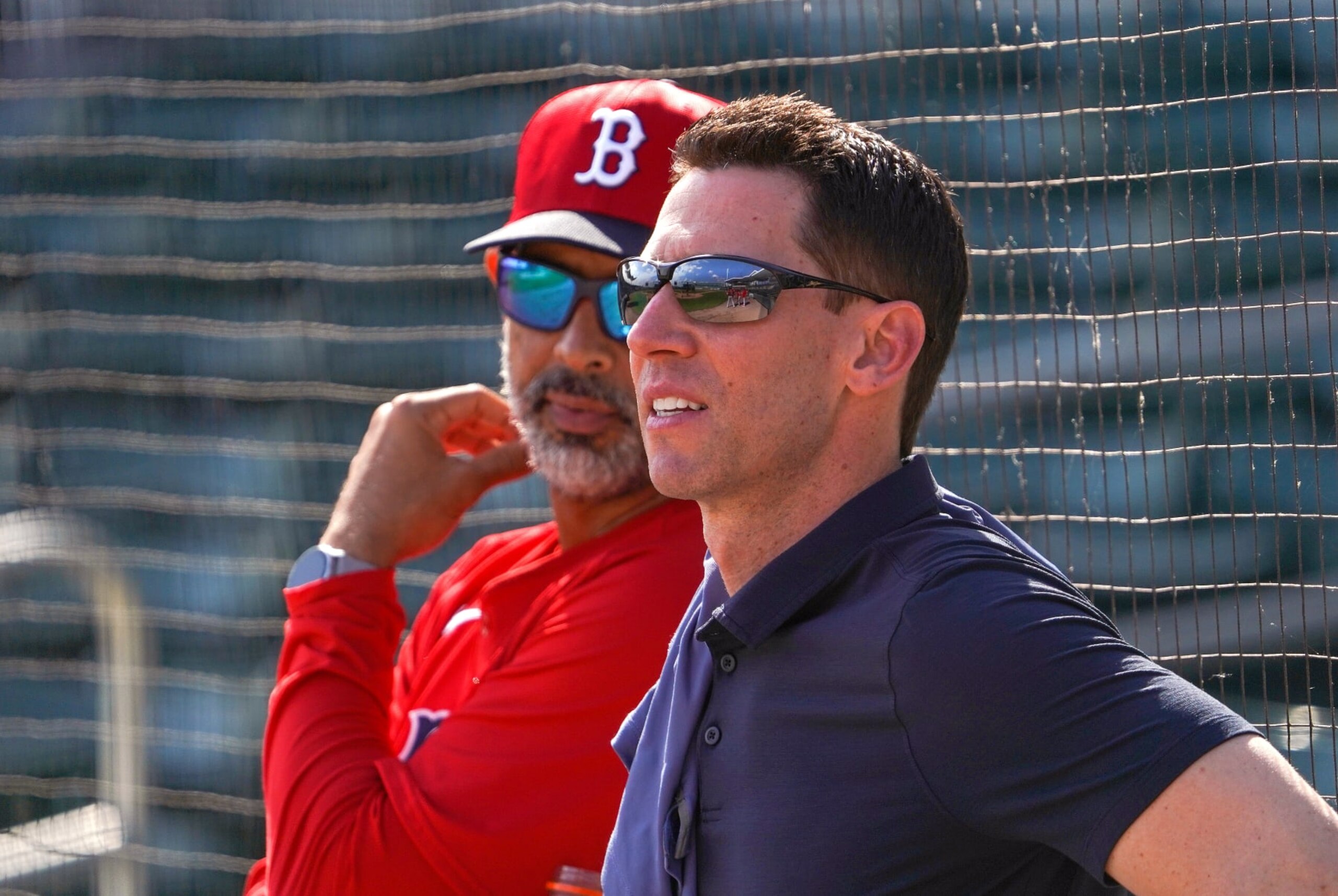 Fort Myers, FL - February 16: Boston Red Sox manager Alex Cora and Chief Baseball Officer Craig Breslow watch live batting practice. (Photo by Barry Chin/The Boston Globe via Getty Images)