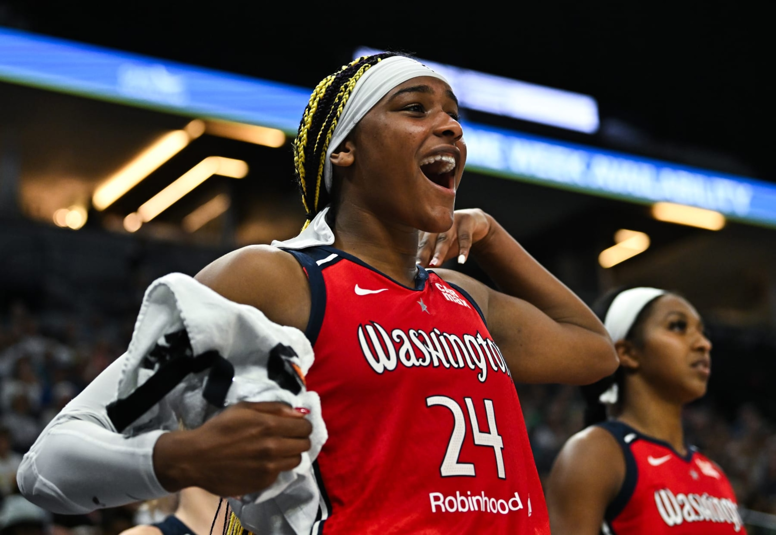 MINNEAPOLIS, MINNESOTA - JULY 6: Aaliyah Edwards #24 of the Washington Mystics reacts after a play in the second quarter of the game against the Minnesota Lynx at Target Center on July 6, 2024 in Minneapolis, Minnesota. (Photo by Stephen Maturen/Getty Images)
