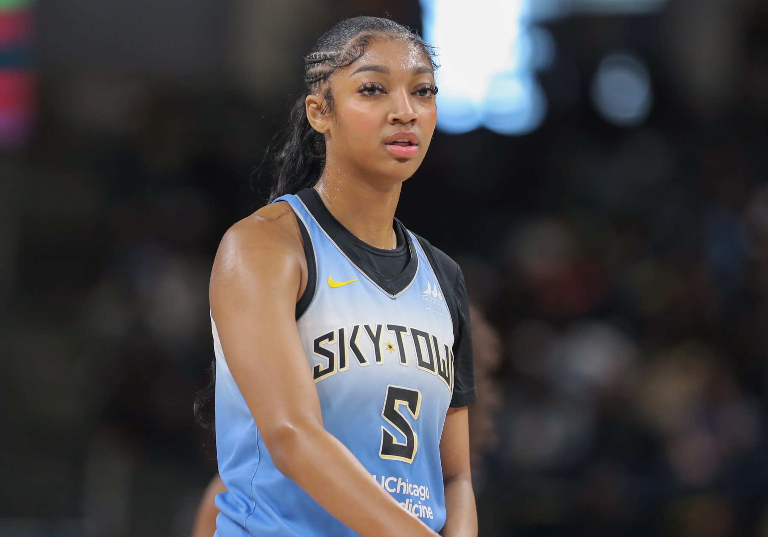 CHICAGO, IL - JULY 13: Angel Reese #5 of the Chicago Sky looks on during the first half against the New York Liberty on July 13, 2024 at Wintrust Arena in Chicago, Illinois. (Photo by Melissa Tamez/Icon Sportswire via Getty Images)