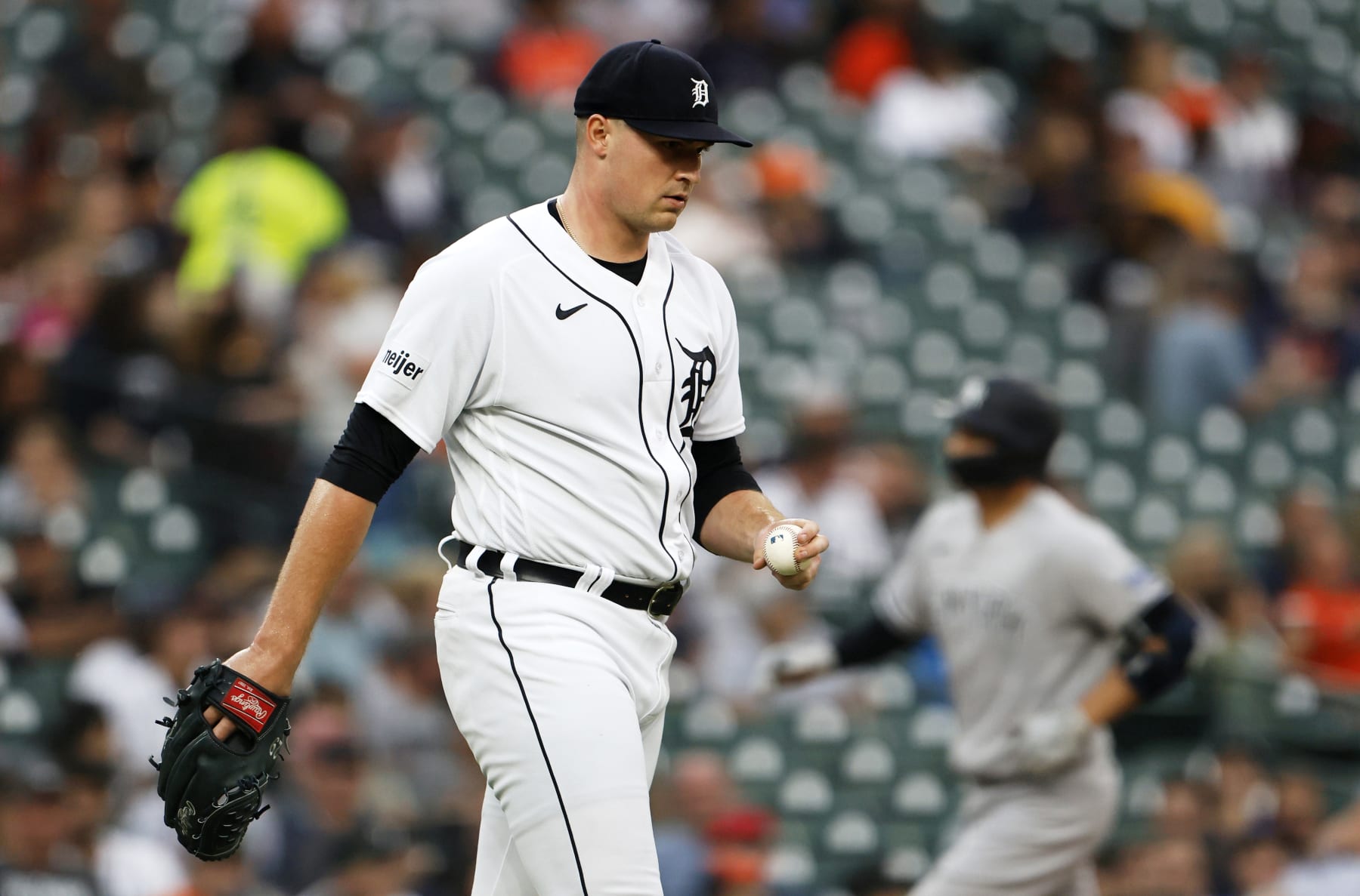 DETROIT, MI -  AUGUST 29:  Tarik Skubal #29 of the Detroit Tigers walks back to the mound after giving up a solo home run to Kyle Higashioka #66 of the New York Yankees during the fifth inning at Comerica Park on August 29, 2023 in Detroit, Michigan. (Photo by Duane Burleson/Getty Images)