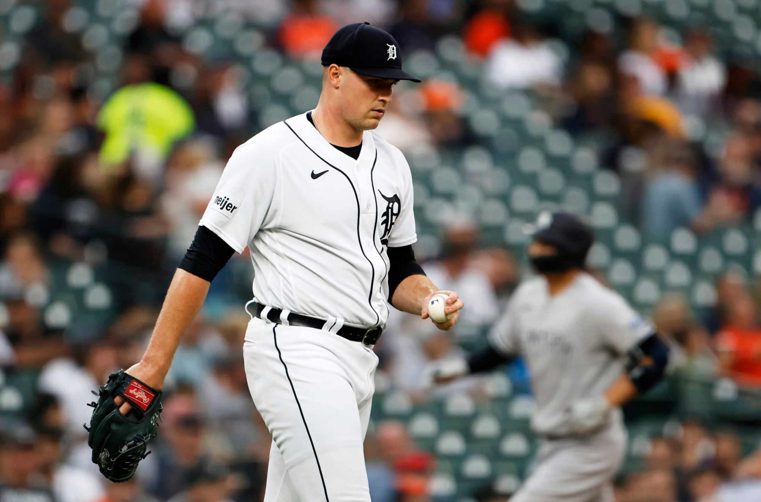 DETROIT, MI -  AUGUST 29:  Tarik Skubal #29 of the Detroit Tigers walks back to the mound after giving up a solo home run to Kyle Higashioka #66 of the New York Yankees during the fifth inning at Comerica Park on August 29, 2023 in Detroit, Michigan. (Photo by Duane Burleson/Getty Images)