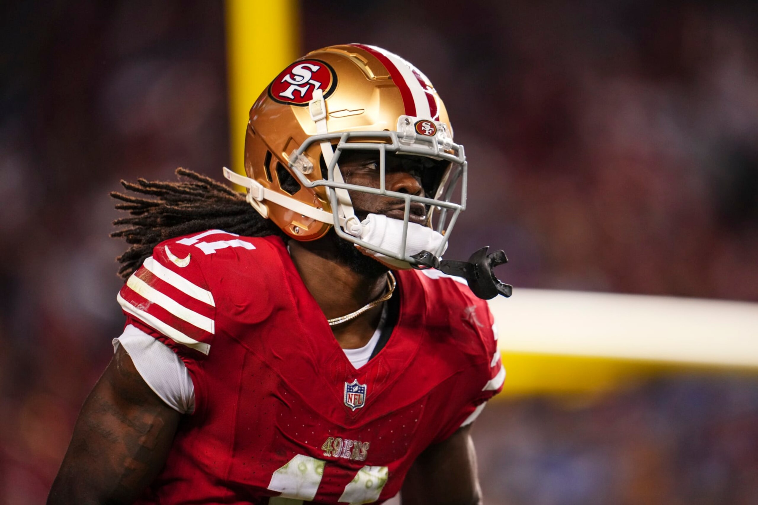 SANTA CLARA, CA - JANUARY 28: Brandon Aiyuk #11 of the San Francisco 49ers looks on from the field during the NFC Championship NFL football game against the Detroit Lions at Levi's Stadium on January 28, 2024 in Santa Clara, California. (Photo by Cooper Neill/Getty Images)