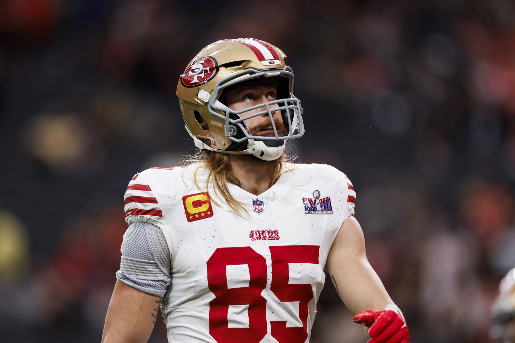 LAS VEGAS, NEVADA - FEBRUARY 11: George Kittle #85 of the San Francisco 49ers looks on during pregame warmups before Super Bowl LVIII against the Kansas City Chiefs at Allegiant Stadium on February 11, 2024 in Las Vegas, Nevada. (Photo by Ryan Kang/Getty Images)