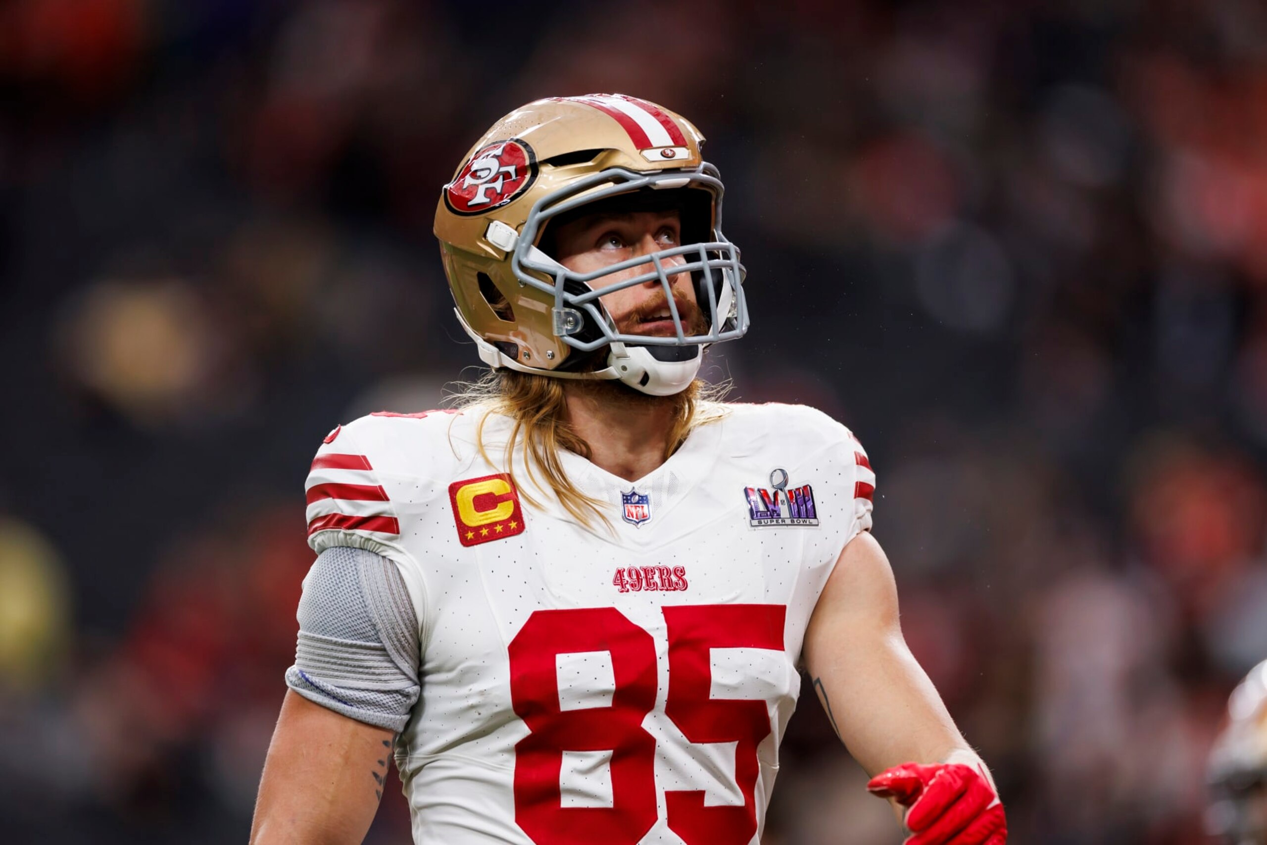 LAS VEGAS, NEVADA - FEBRUARY 11: George Kittle #85 of the San Francisco 49ers looks on during pregame warmups before Super Bowl LVIII against the Kansas City Chiefs at Allegiant Stadium on February 11, 2024 in Las Vegas, Nevada. (Photo by Ryan Kang/Getty Images)