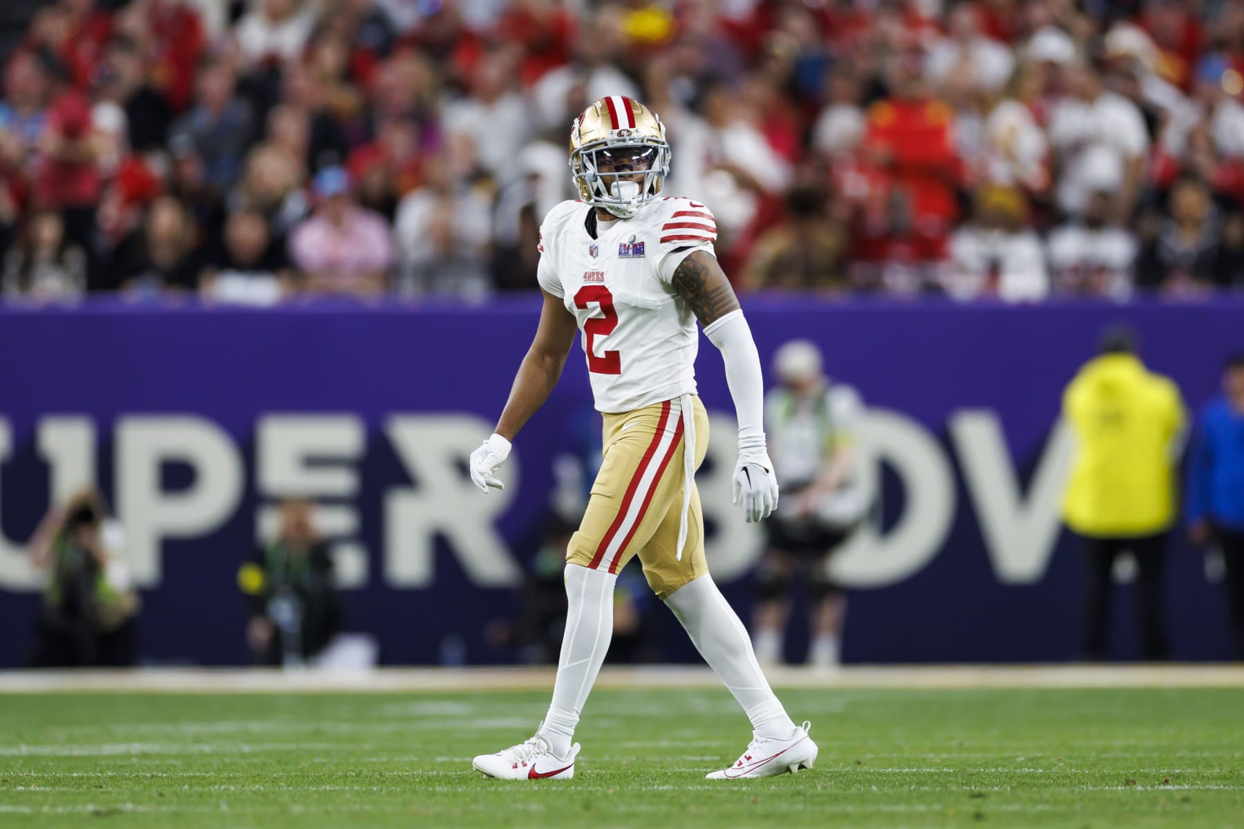 LAS VEGAS, NEVADA - FEBRUARY 11: Deommodore Lenoir #2 of the San Francisco 49ers defends in coverage during Super Bowl LVIII against the Kansas City Chiefs at Allegiant Stadium on February 11, 2024 in Las Vegas, Nevada. (Photo by Ryan Kang/Getty Images)