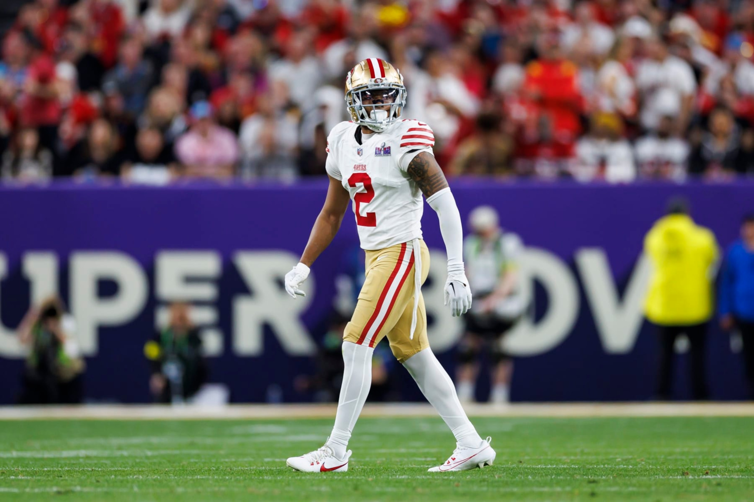 LAS VEGAS, NEVADA - FEBRUARY 11: Deommodore Lenoir #2 of the San Francisco 49ers defends in coverage during Super Bowl LVIII against the Kansas City Chiefs at Allegiant Stadium on February 11, 2024 in Las Vegas, Nevada. (Photo by Ryan Kang/Getty Images)