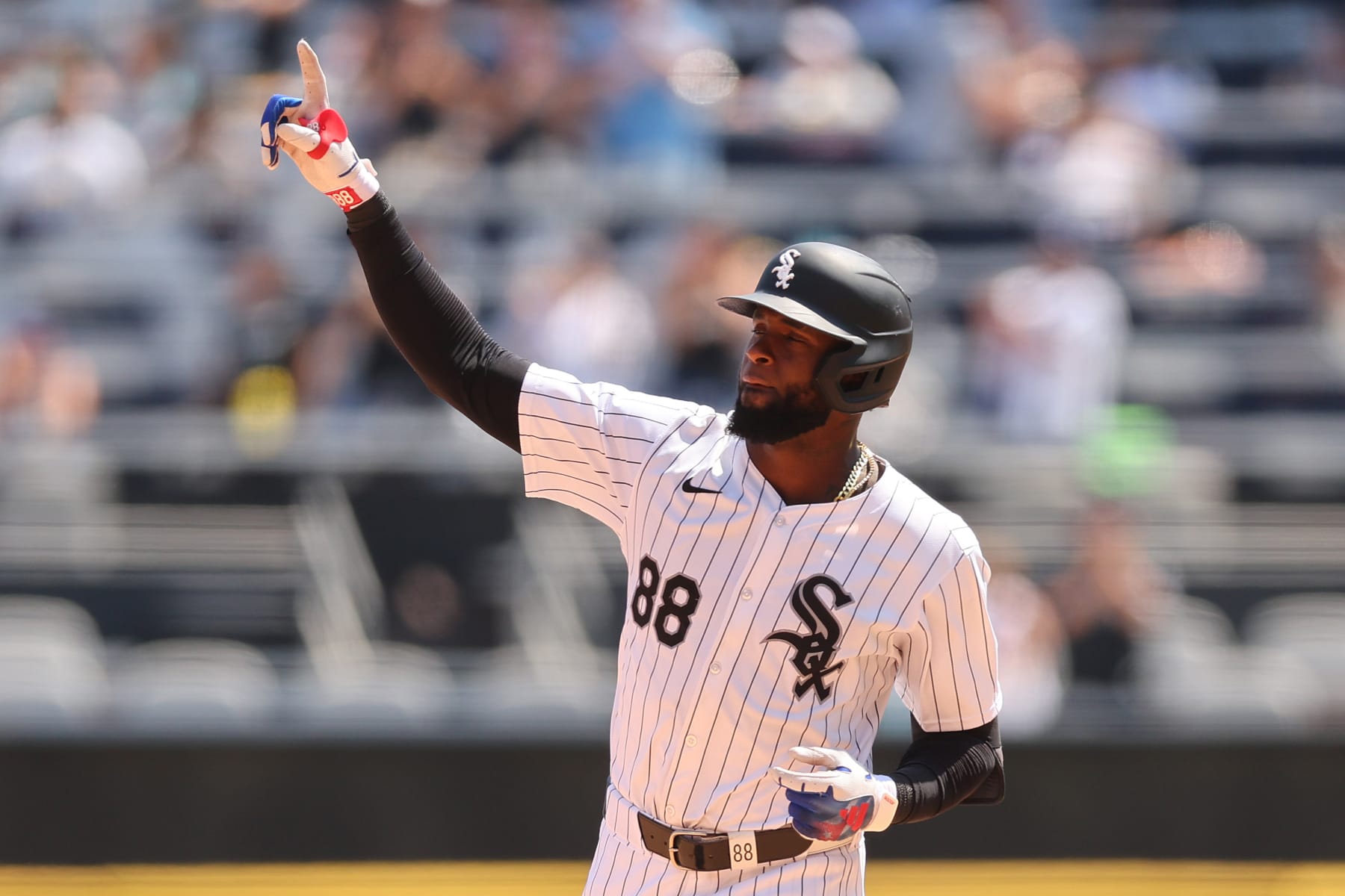 CHICAGO, ILLINOIS - JULY 10: Luis Robert Jr. #88 of the Chicago White Sox rounds the bases after hitting a two-run home run off Bailey Ober #17 of the Minnesota Twins (not pictured) during the sixth inning at Guaranteed Rate Field on July 10, 2024 in Chicago, Illinois. (Photo by Michael Reaves/Getty Images)