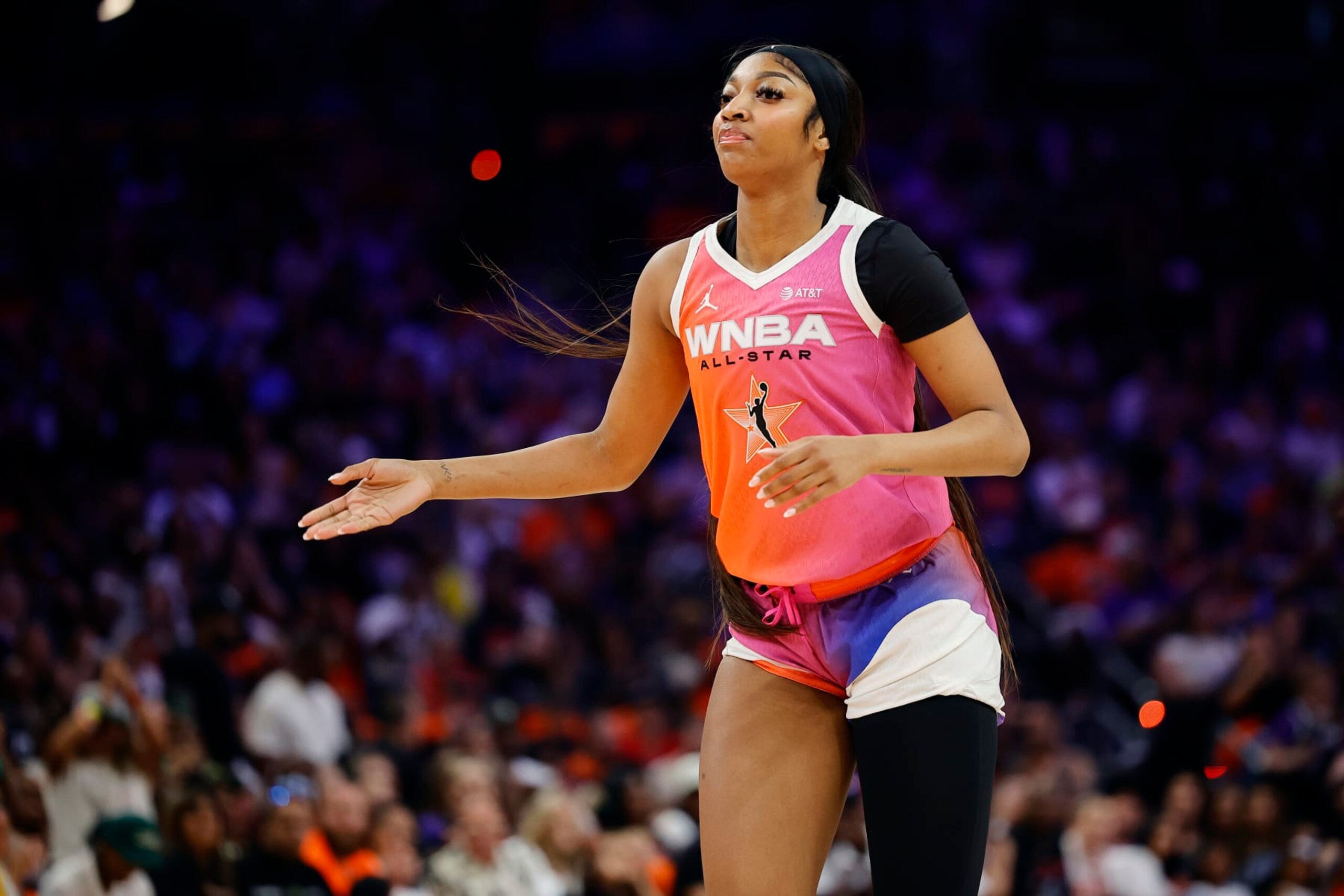 PHOENIX, ARIZONA - JULY 20: Angel Reese #5 of Team WNBA reacts after scoring against the USA Basketball Women's National Team during the first half of the 2024 WNBA All-Star game at Footprint Center on July 20, 2024 in Phoenix, Arizona. NOTE TO USER: User expressly acknowledges and agrees that, by downloading and or using this photograph, User is consenting to the terms and conditions of the Getty Images License Agreement. (Photo by Alex Slitz/Getty Images) PHOENIX, ARIZONA - JULY 20: Angel Reese #5 of Team WNBA reacts after scoring against the USA Basketball Women's National Team during the first half of the 2024 WNBA All-Star game at Footprint Center on July 20, 2024 in Phoenix, Arizona. NOTE TO USER: User expressly acknowledges and agrees that, by downloading and or using this photograph, User is consenting to the terms and conditions of the Getty Images License Agreement. (Photo by Alex Slitz/Getty Images)