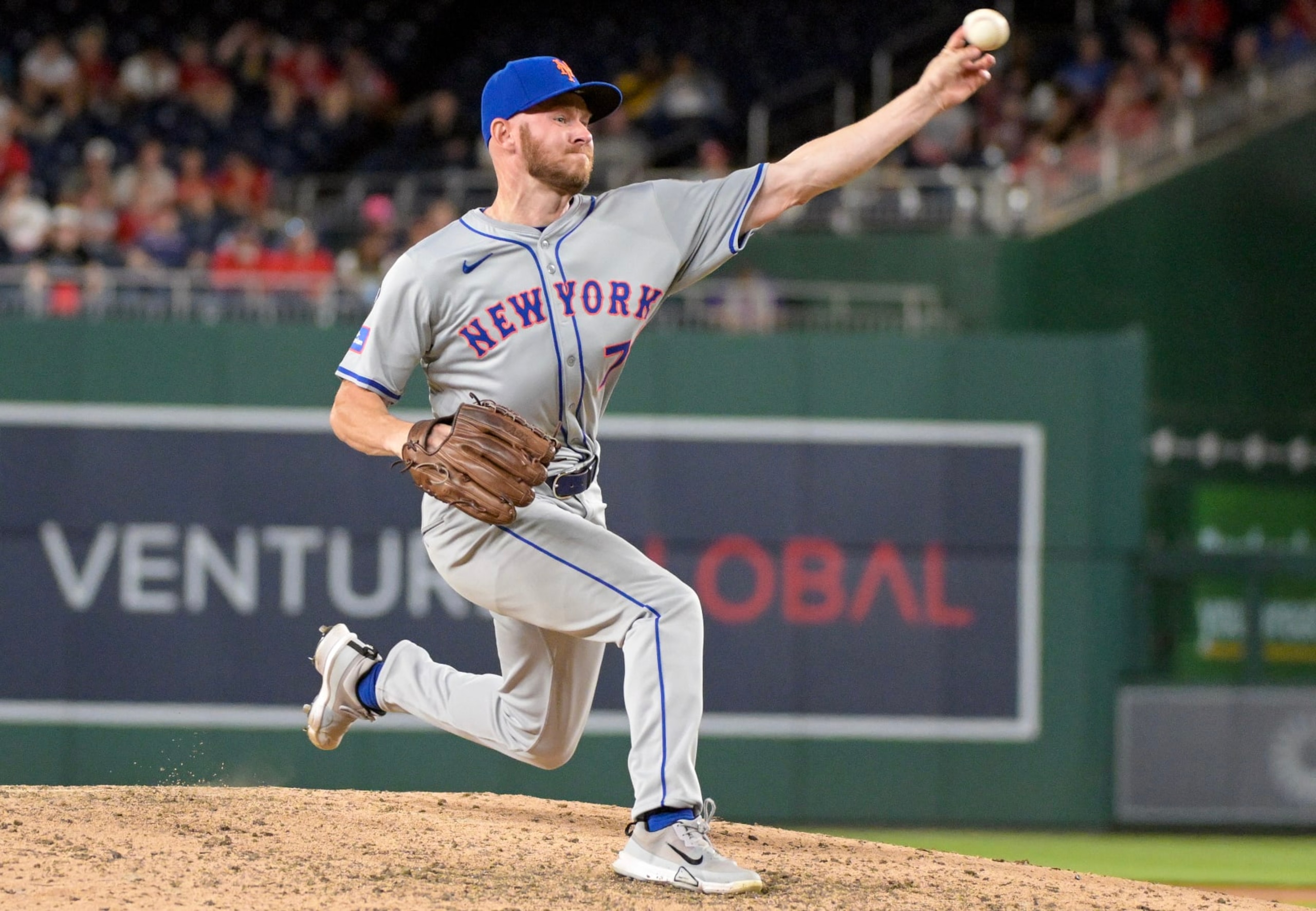 WASHINGTON, DC - JULY 01: New York Mets pitcher Tyler Jay (74) pitches during the New York Mets versus the Washington Nationals on July 1, 2024 at Nationals Park in Washington, D.C. (Photo by Mark Goldman/Icon Sportswire via Getty Images)